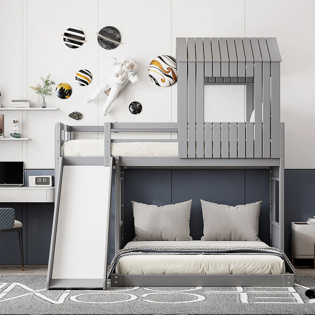 Twin Over Full Bunk Bed with Playhouse, Ladder, Slide, Guardrails, 82" L x 89" W x 82.5" H, Grey Bed Frames at Gallery Canada