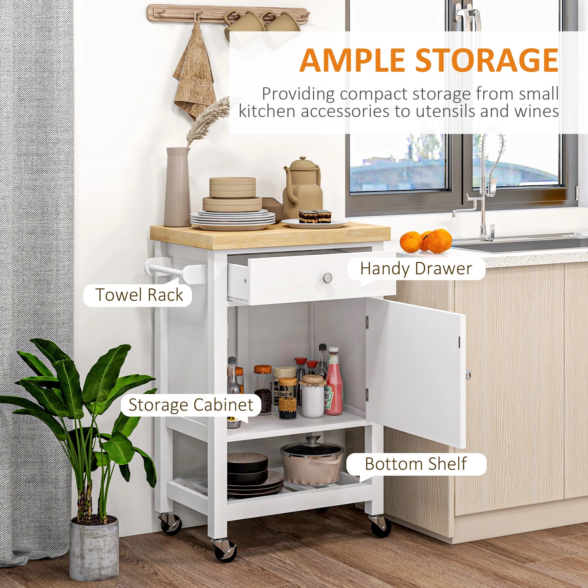 Kitchen Cart on Wheels, Wood Top, Towel Rack, Drawer, Shelf, White Kitchen Islands & Kitchen Carts at Gallery Canada