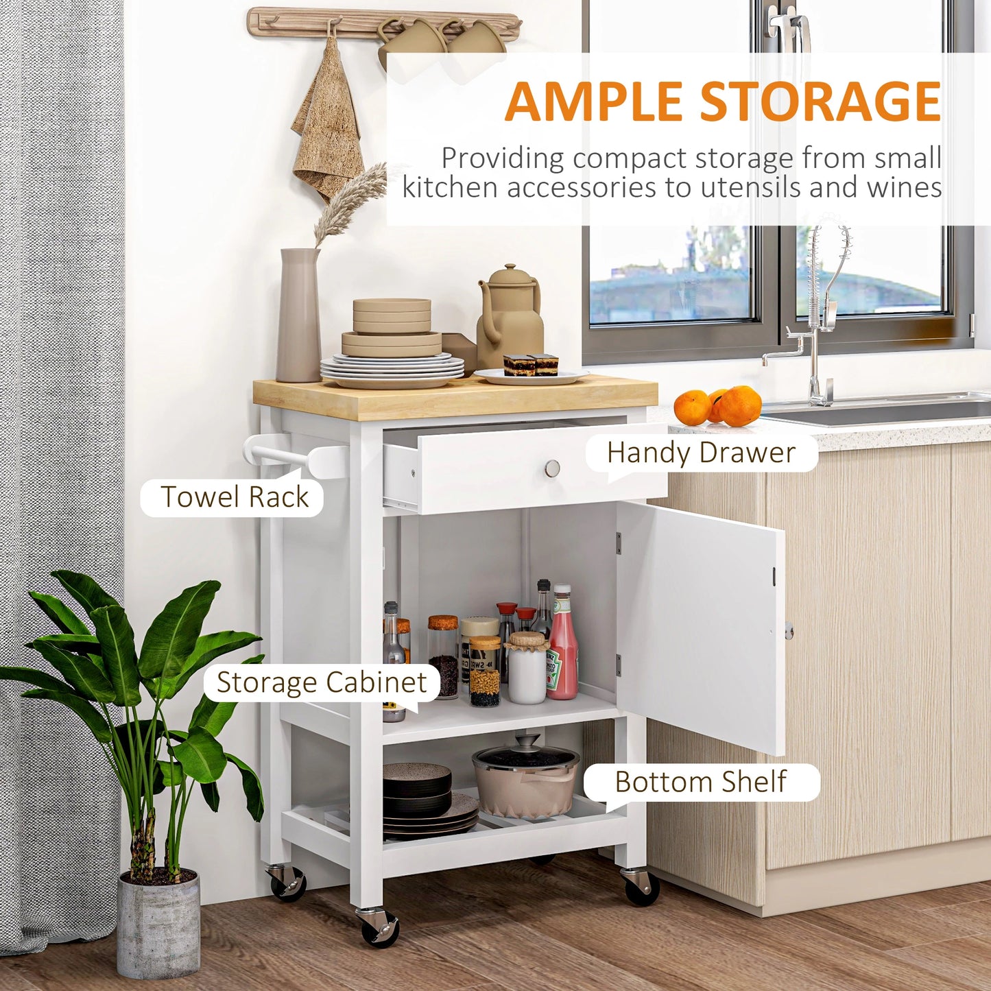 Kitchen Cart on Wheels, Wood Top, Towel Rack, Drawer, Shelf, White Kitchen Islands & Kitchen Carts at Gallery Canada