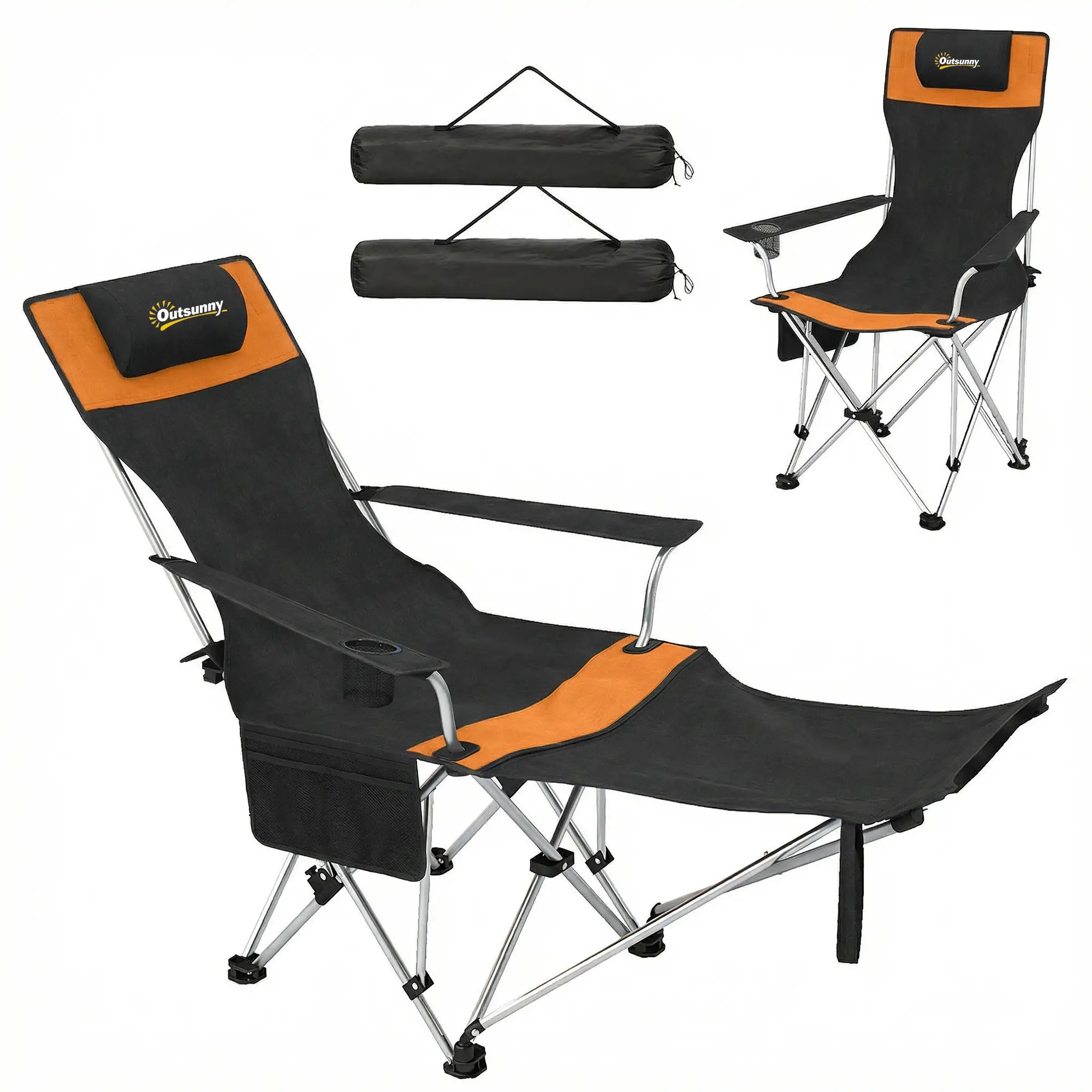 Reclining Camping Chair Set With Foot Rest, Headrest, Cup Holder, Storage Bag, Orange Picnic Tables & Camping Chairs Orange at Gallery Canada