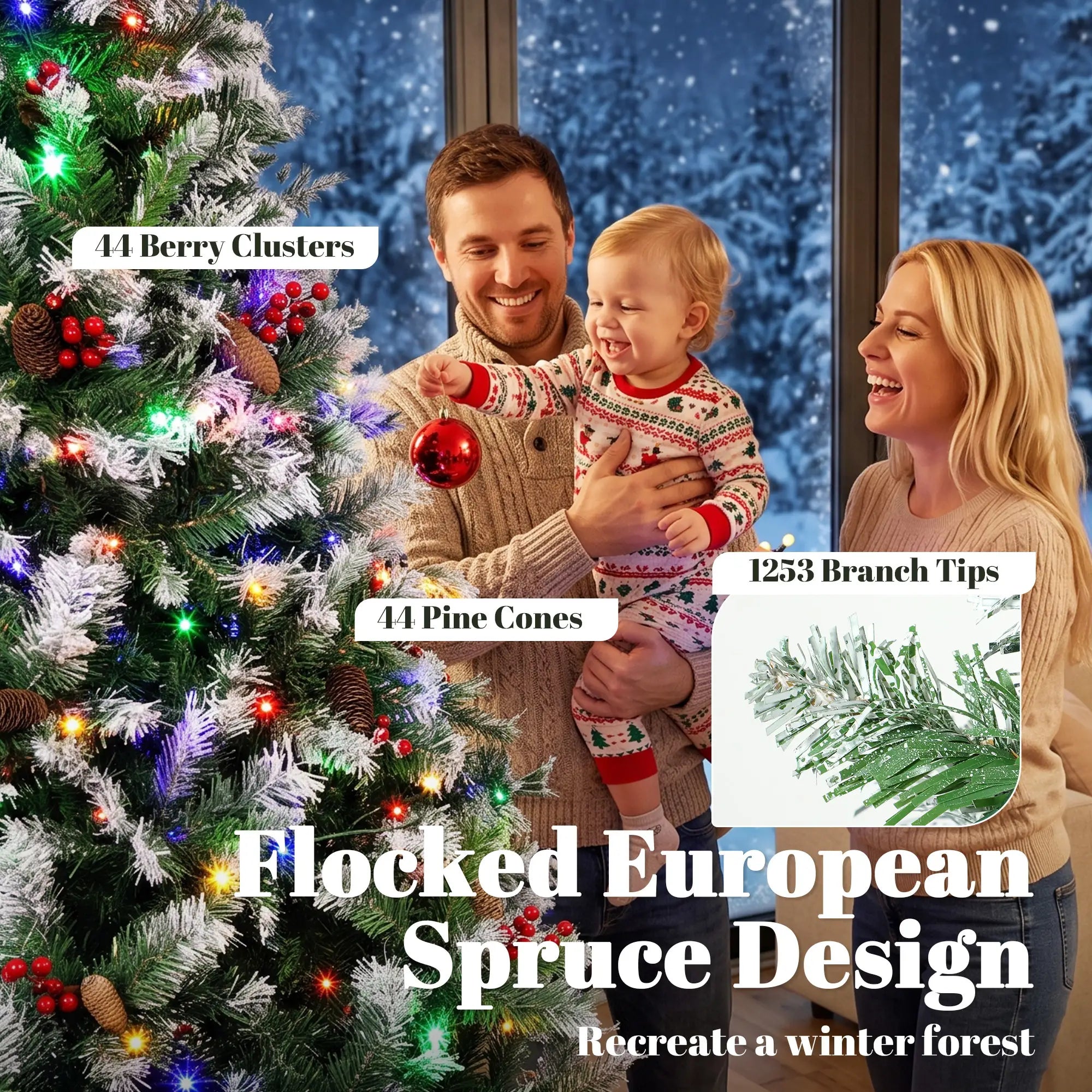 7ft Flocked Prelit Spruce Christmas Tree, Dual Colour, Remote, Hinged, Dual Colour Pencil Christmas Trees at Gallery Canada