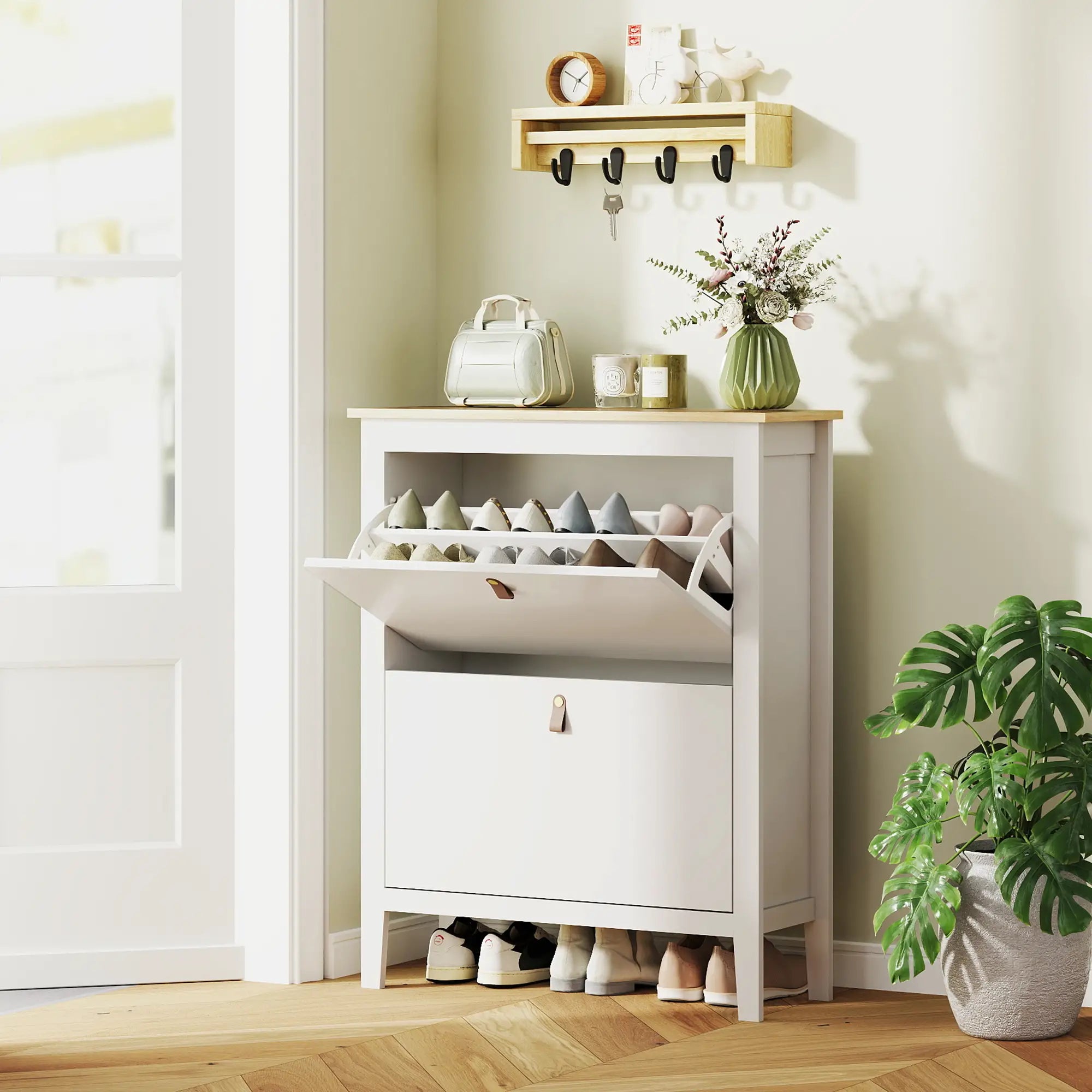 Narrow Shoe Cabinet, 2 Flip Drawers, Adjustable Shelves, Holds 10-14 Pairs, White Shoe Storage Cabinets & Racks at Gallery Canada