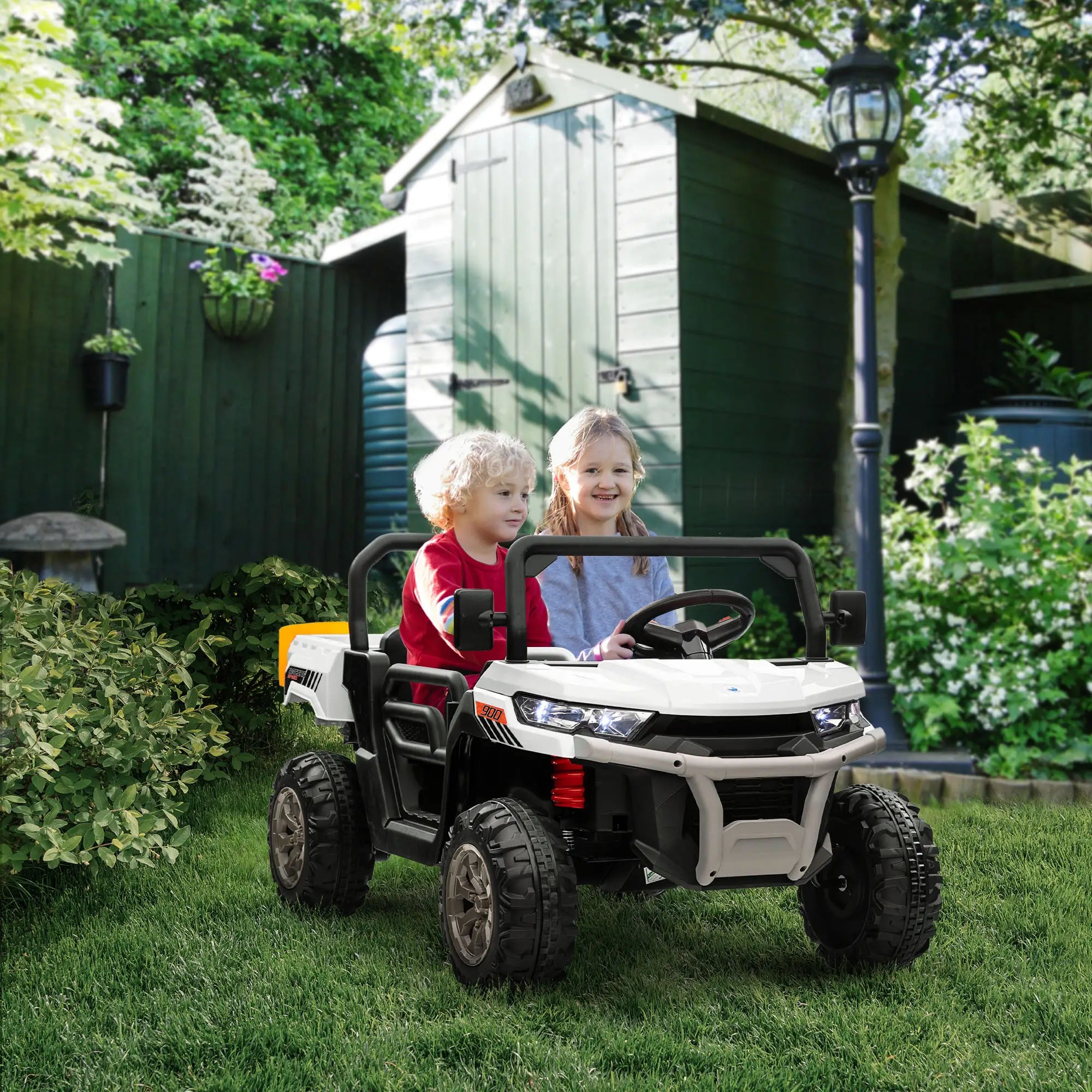 12V Ride On Car, Electric Bucket, Two-Seater, White Electric Toy Cars at Gallery Canada