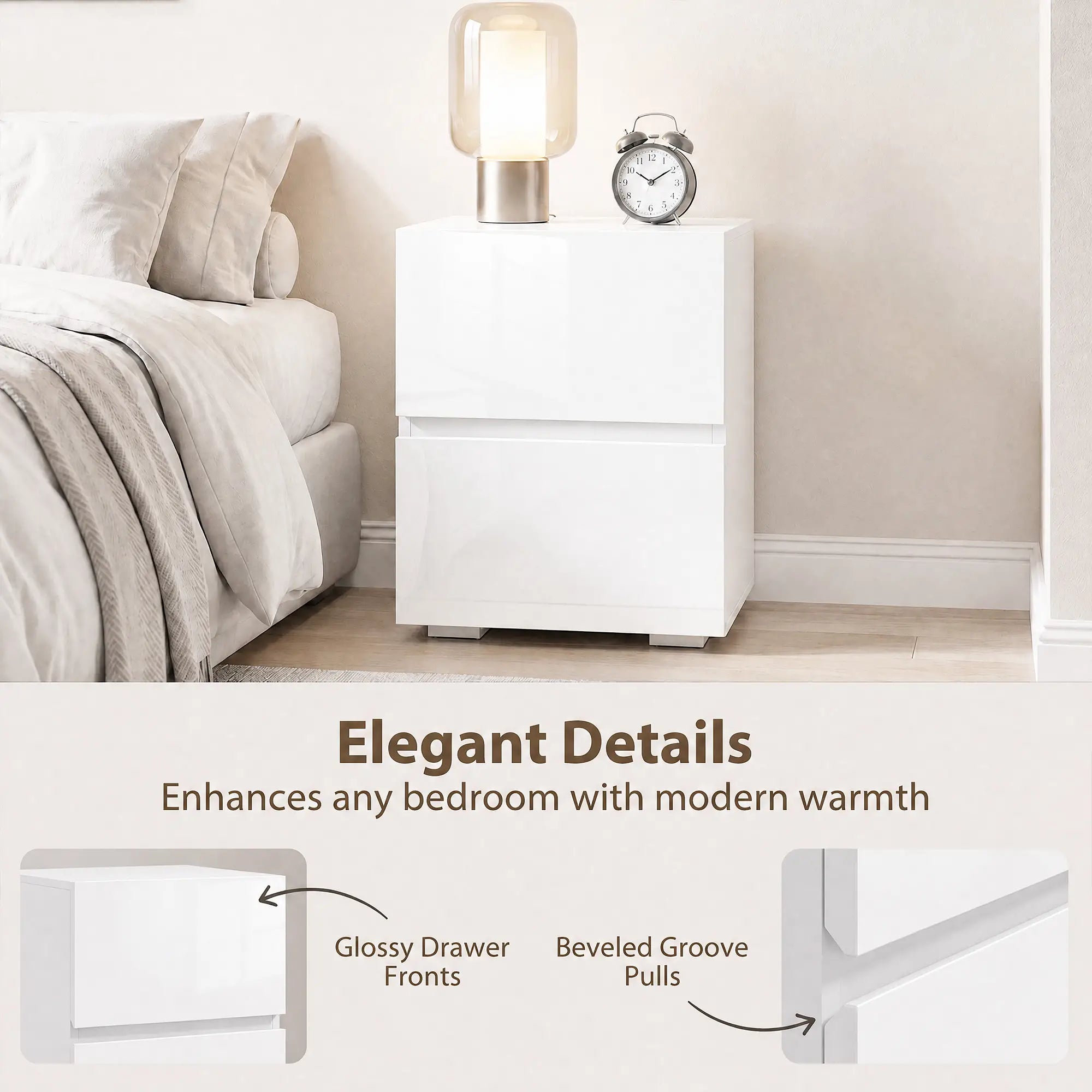 Modern Nightstand Set of 2, Narrow Bedside Table with 2 Drawers, White Bedside Tables at Gallery Canada