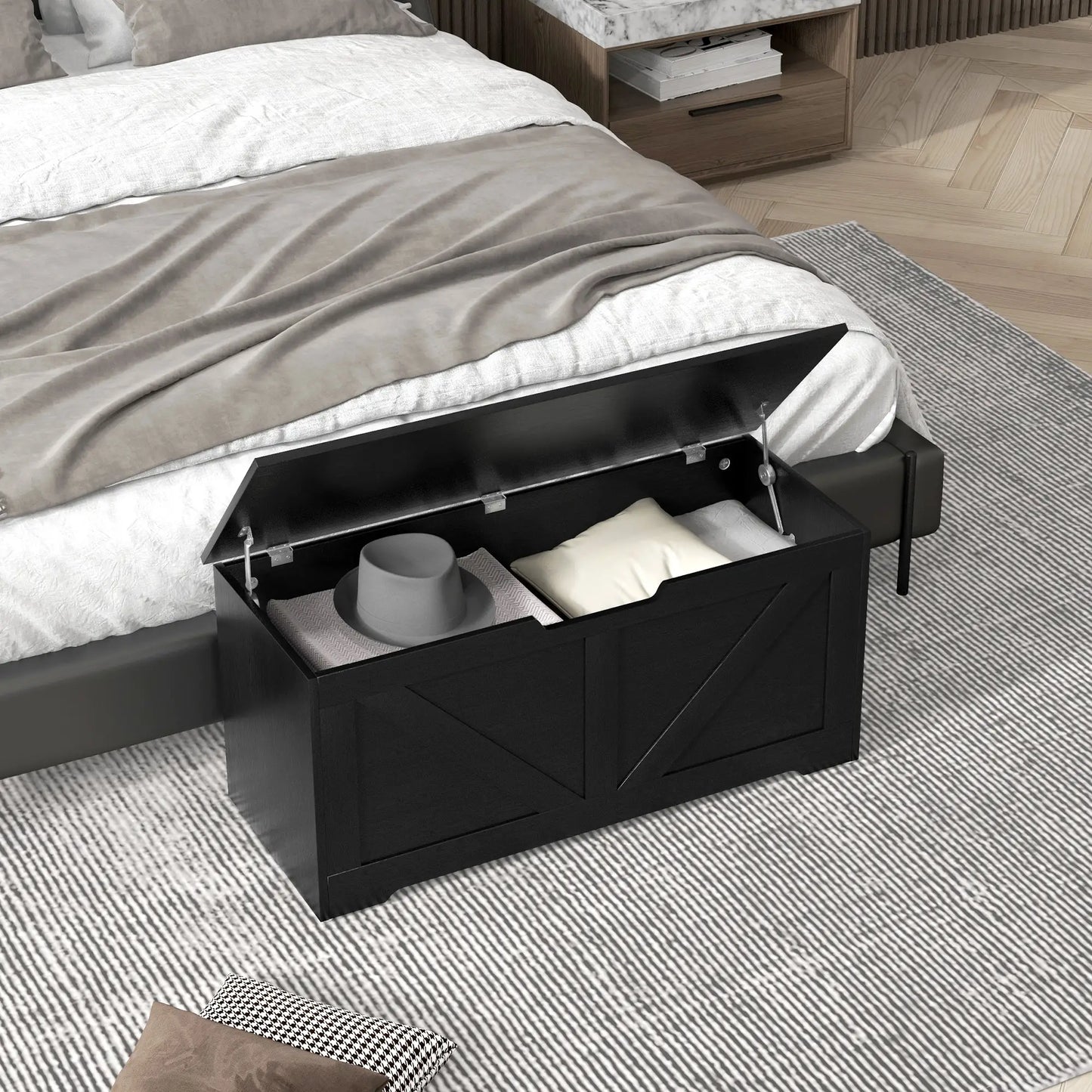 39.4 Inches Storage Chest, Wooden Box with Safety Hinges, Wood Grain, Black Storage Cabinets at Gallery Canada