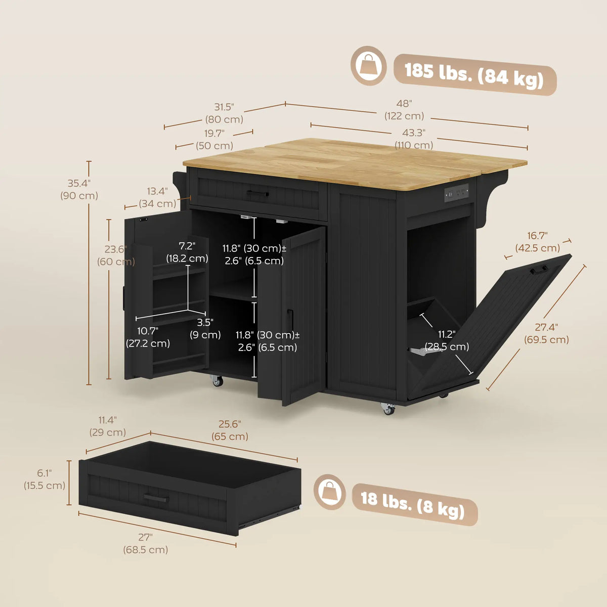 Kitchen Island Cart, Portable Table with Charging Station, Rubber Wood Drop Leaf, Trash Storage, Black Kitchen Islands & Kitchen Carts at Gallery Canada