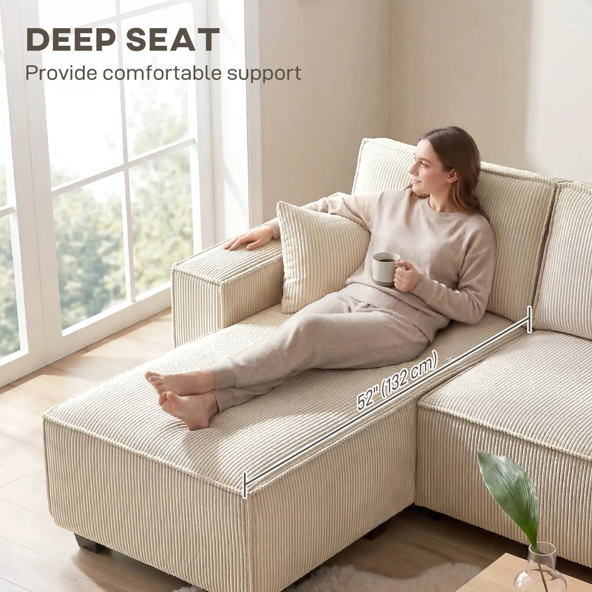 Modular U Shaped Sectional Sofa, Double Chaises, Spring Cushions, Beige