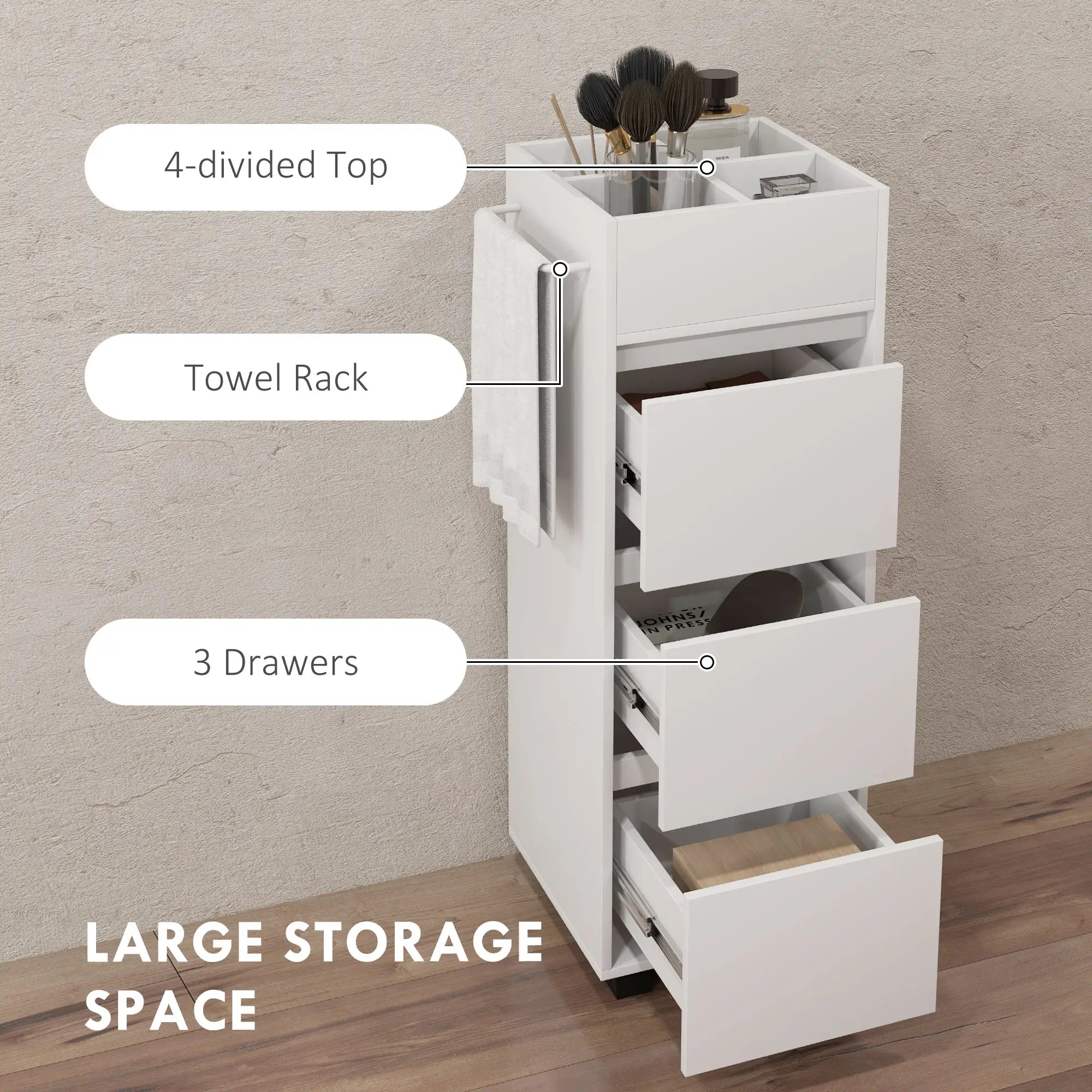 Slim Bathroom Cabinet, 4 Compartments, 3 Drawers, Towel Rack, White Freestanding Bathroom Cabinets at Gallery Canada