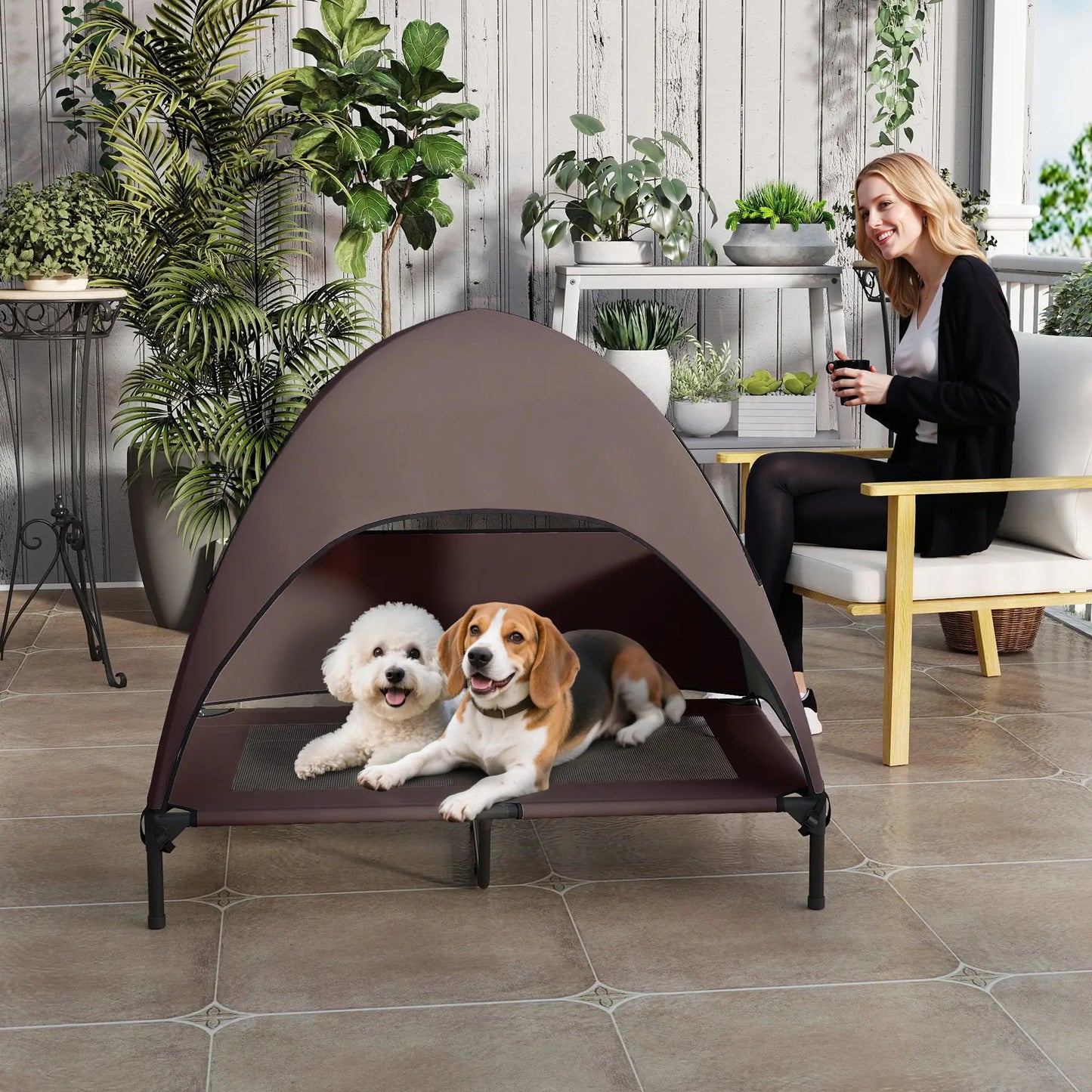 Elevated Dog Bed With Canopy, Washable Mesh Steel Frame, 41.7" x 29.9" x 39", Coffee Elevated Dog Beds at Gallery Canada