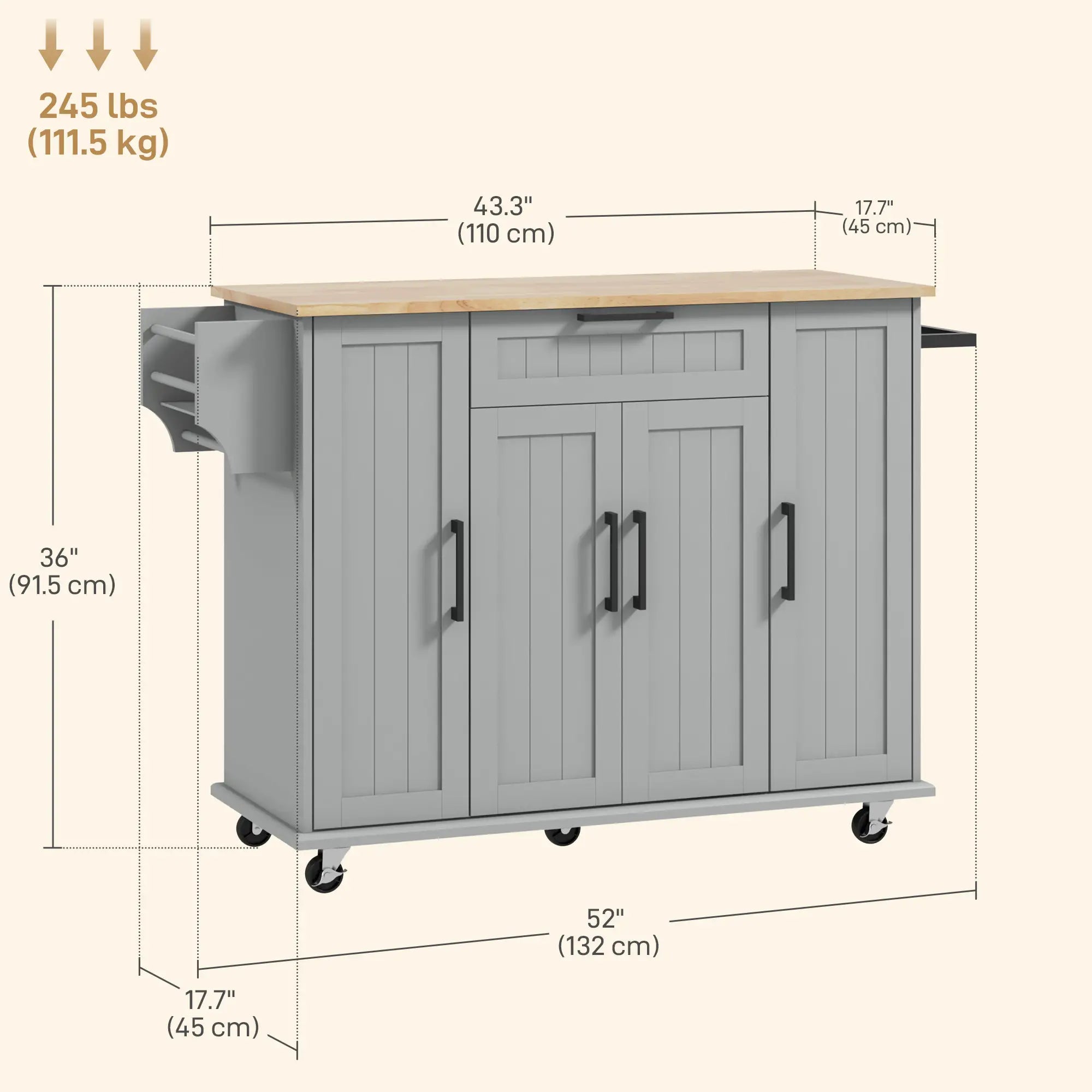 Modern Rolling Kitchen Island Cart, Natural Wood Top, Grey Kitchen Islands & Kitchen Carts at Gallery Canada