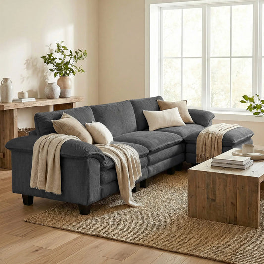 L-Shaped Sectional Sofa, Movable Ottoman, Pillow-Top Armrests, Dark Grey 3-Seater Sofas Dark Grey at Gallery Canada