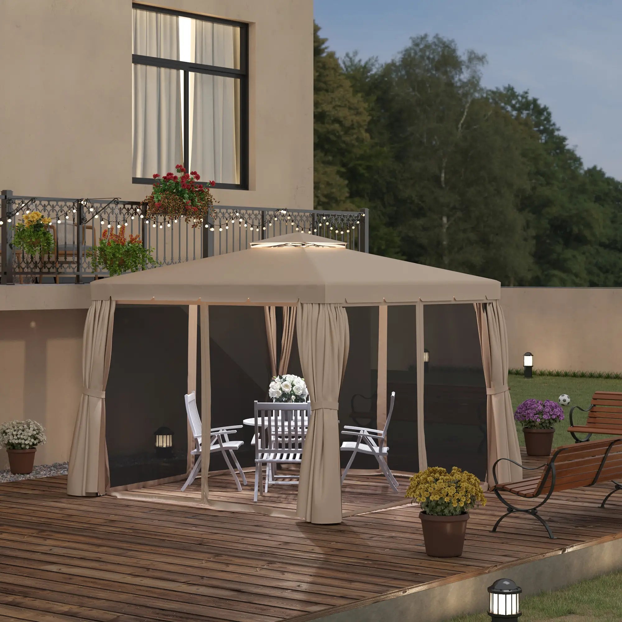 Deck Gazebo with Curtains, Mesh Screen, 10ft x 10ft, Khaki Gazebos at Gallery Canada