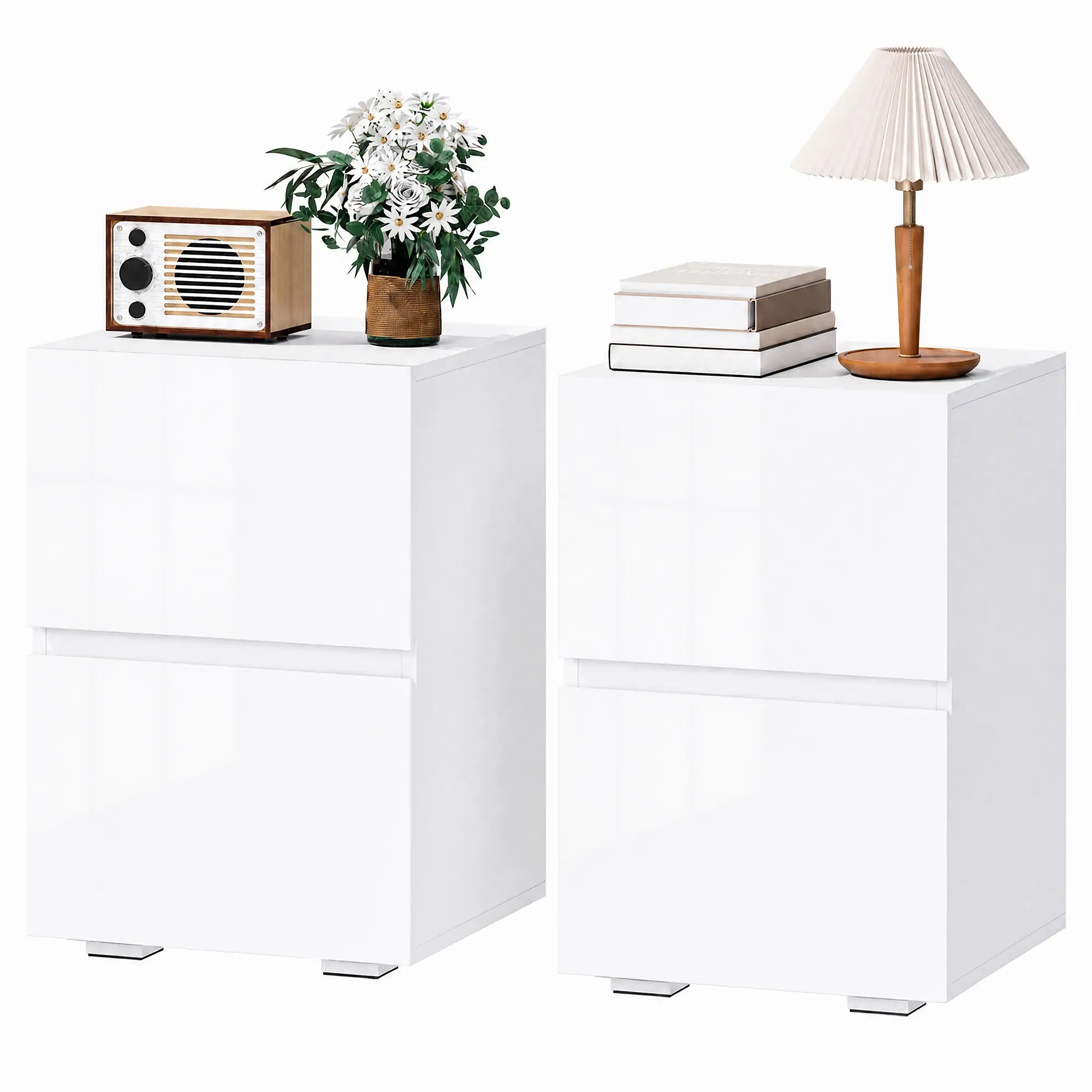 Modern Nightstand Set of 2, Narrow Bedside Table with 2 Drawers, White Bedside Tables at Gallery Canada