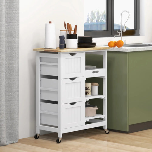 Kitchen Cart on Wheels, Wood Top, 3 Drawers, Shelves, Dining