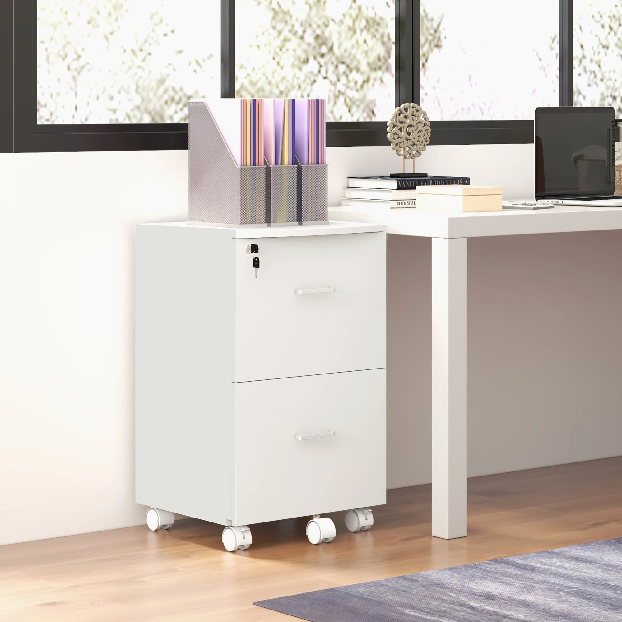 2 Drawer Mobile File Cabinet with Lock, Wood, Letter and A4 Size, White Office Cabinets & Cupboards at Gallery Canada