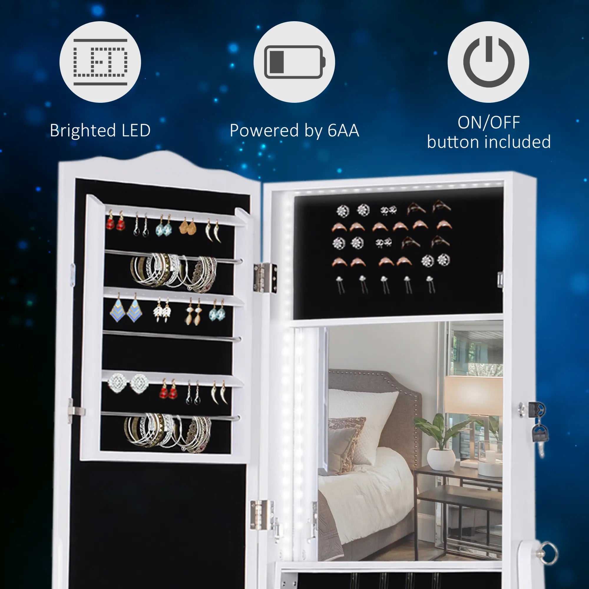Standing Jewelry Cabinet Organizer with LED Lights, White Jewelry Armoire & Jewellery Mirror Cabinets at Gallery Canada