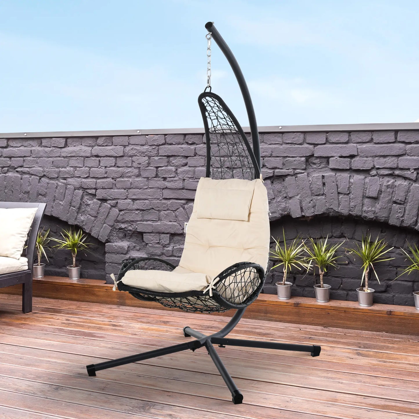 Wicker Hanging Egg Chair with Stand, Cushion, Pillow, Cup Holder, Beige Patio Swings with Stand at Gallery Canada