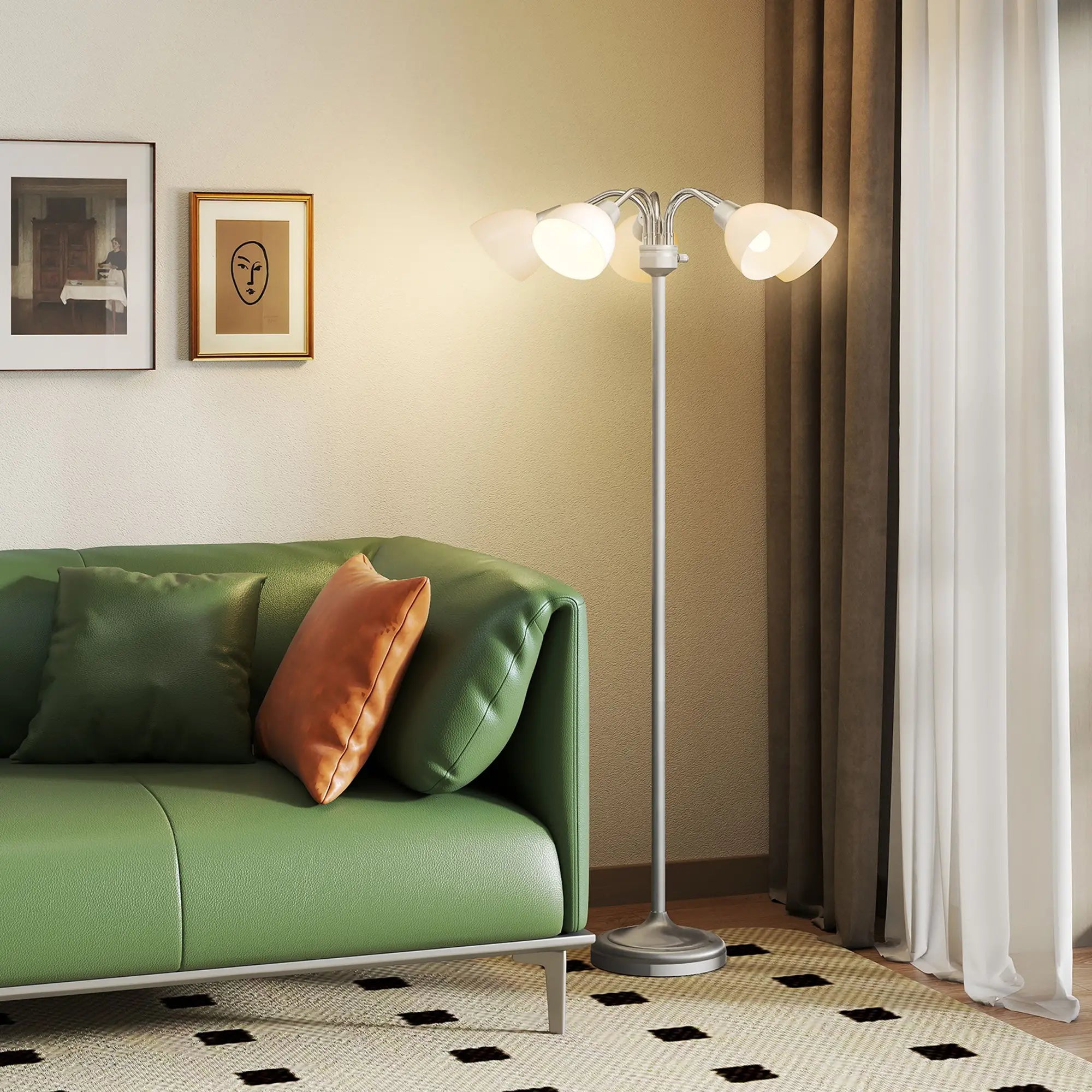 Arc Tree Floor Lamp with 5 Adjustable Rotating Lights, Modern Standing Gooseneck Reading Light for Living Room Bedroom Office, Satin Nickel Floor Lamps & Ceiling Fan Lights at Gallery Canada