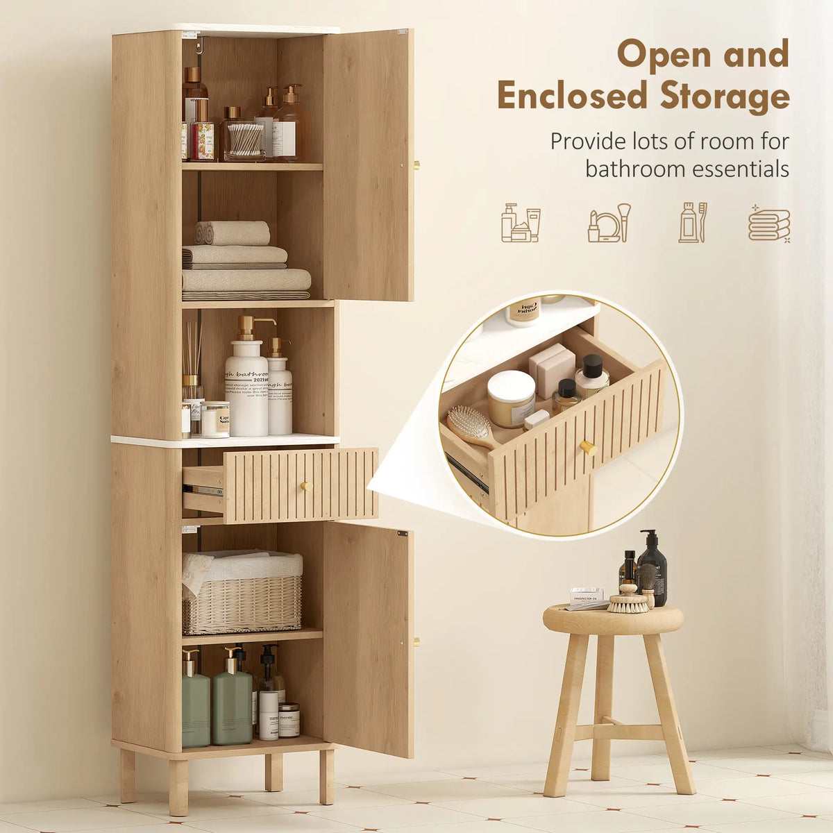 66 in Tall Bathroom Cabinet With Drawer, Oak Freestanding Bathroom Cabinets at Gallery Canada
