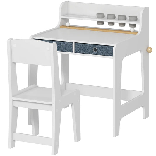 Kids Study Table and Chair Set, Art Desk with Storage Shelf, 3-8 Year Old Kids Desk Sets White at Gallery Canada