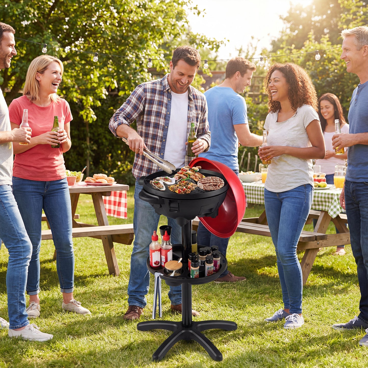 Electric BBQ Grill 1200W Indoor Outdoor Grill with 2-Zone Non-Stick Grilling Plate-RE, Red Outdoor Grills at Gallery Canada