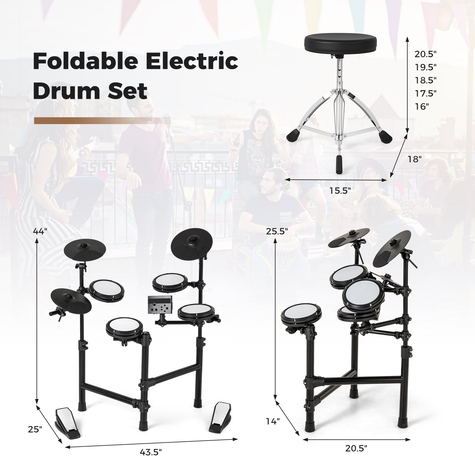 Electric Drum Set, Foldable Kit, 10 Demos, USB MIDI, 2 Drumsticks, Black Drums & Percussion at Gallery Canada