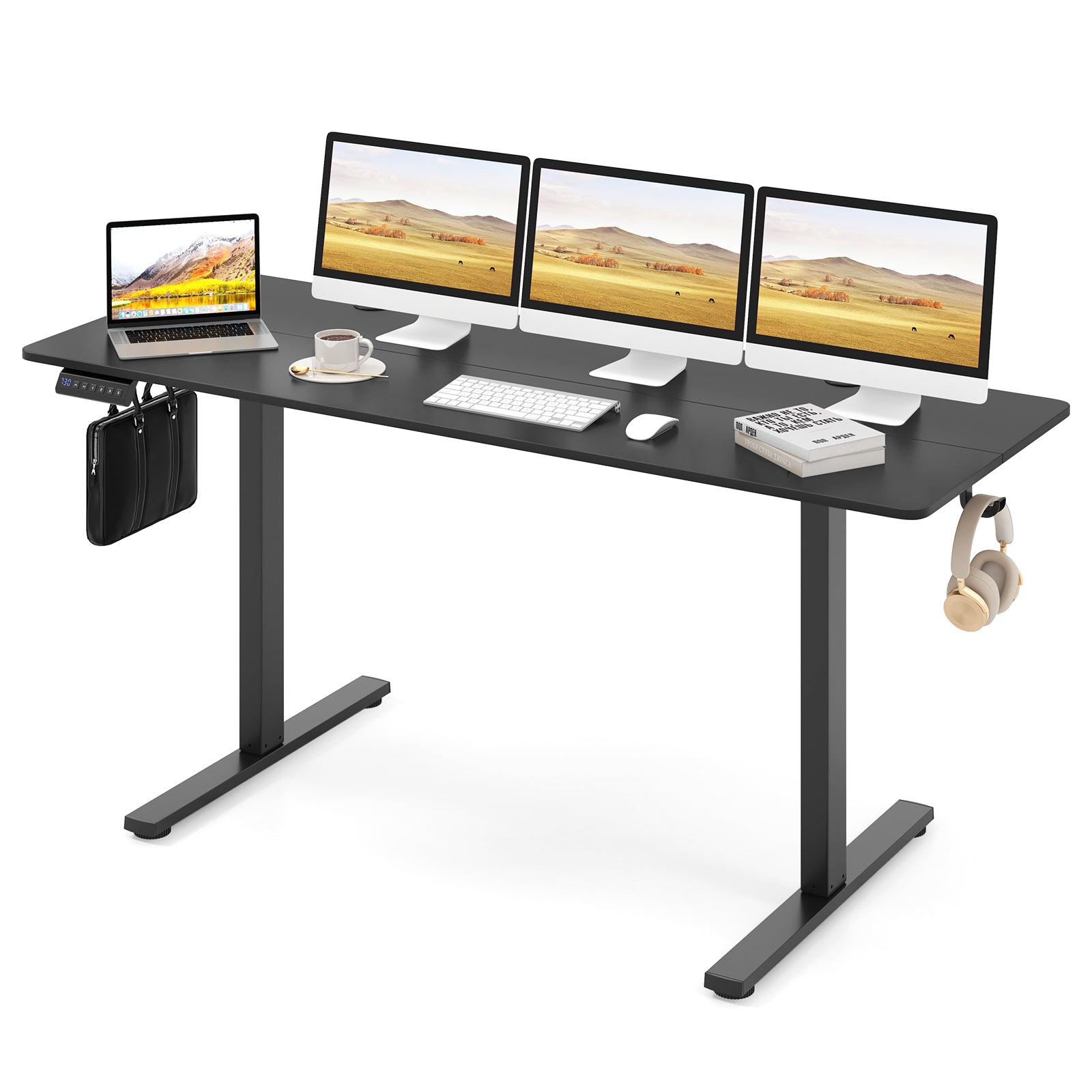 Electric Standing Desk, 3 Memory Heights, 2 Hanging Hooks, Cable Holes, Black Standing Desks at Gallery Canada
