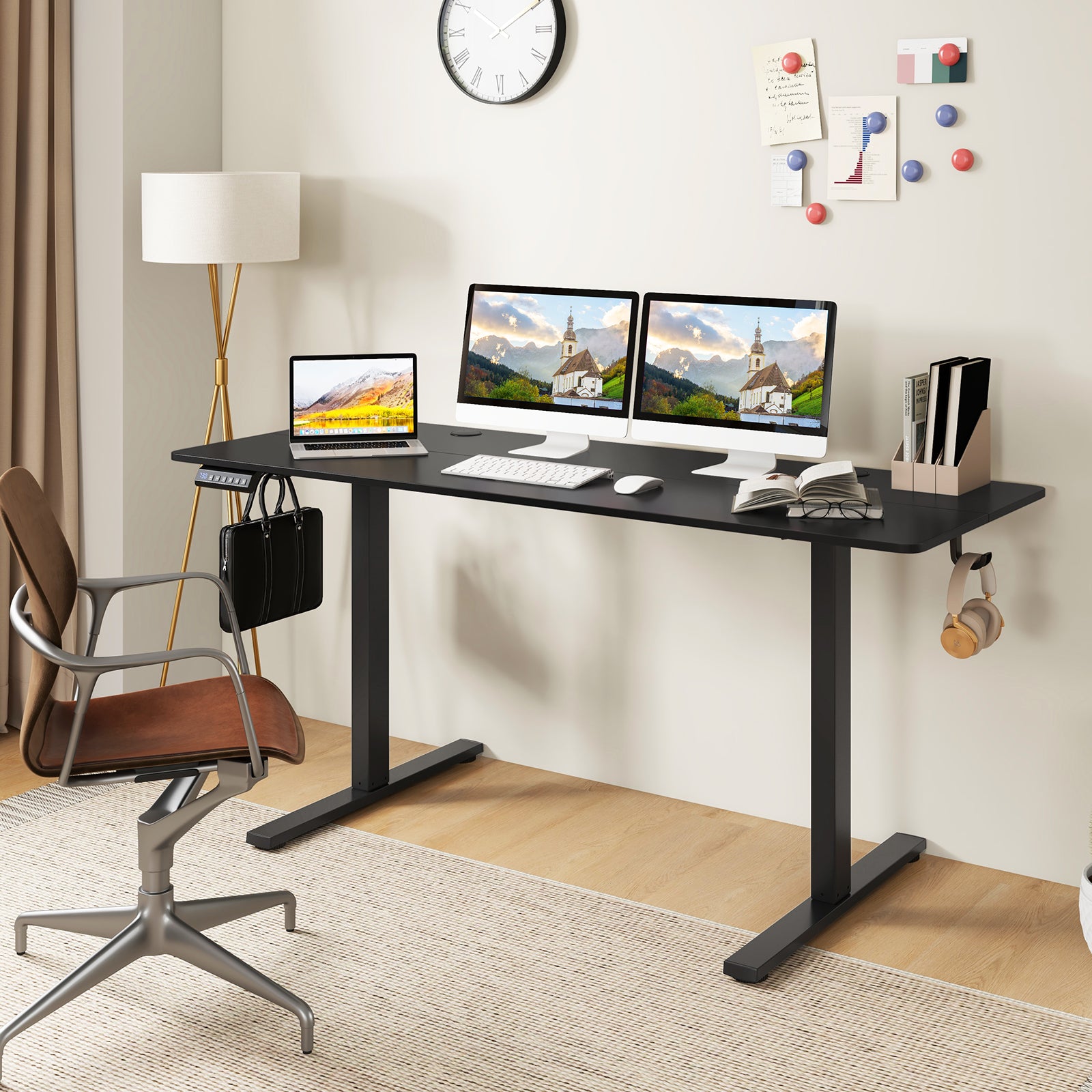Electric Standing Desk, 3 Memory Heights, 2 Hanging Hooks, Cable Holes, Black Standing Desks at Gallery Canada
