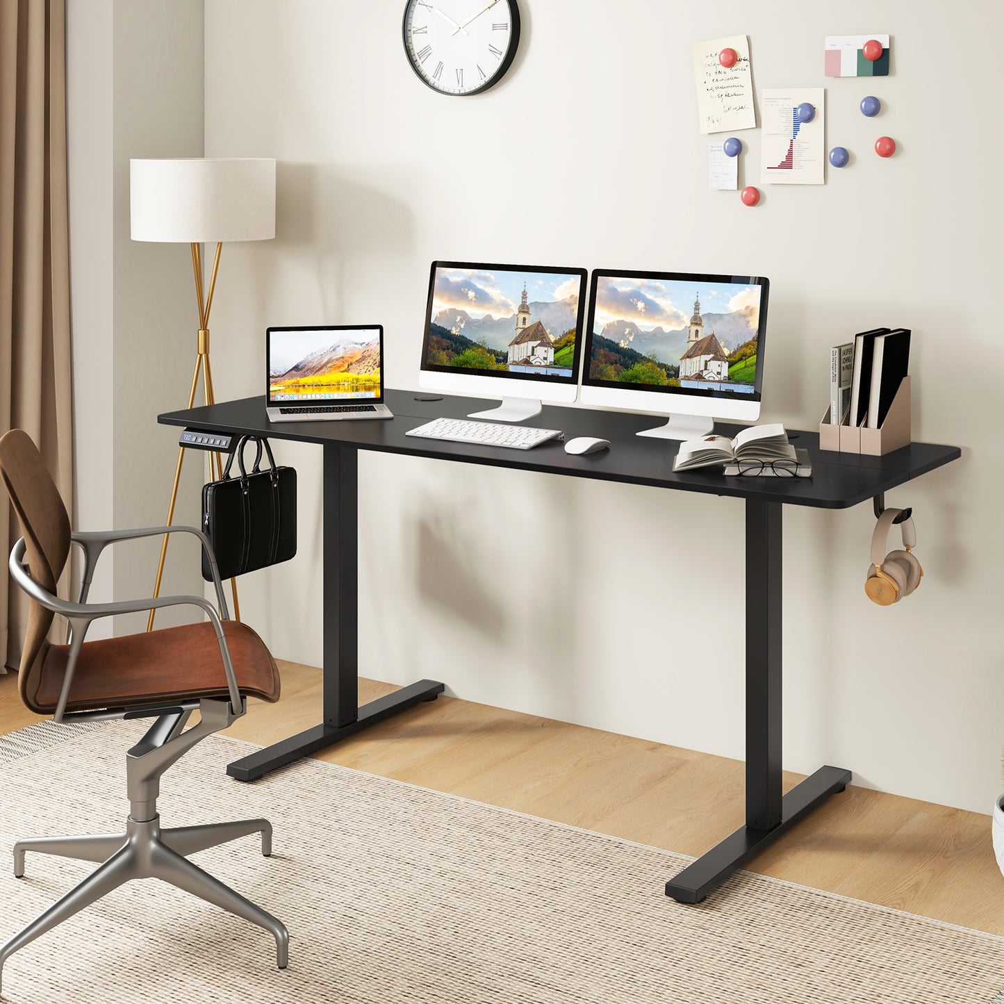 Electric Standing Desk, 3 Memory Heights, 2 Hanging Hooks, Cable Holes, Black Standing Desks at Gallery Canada