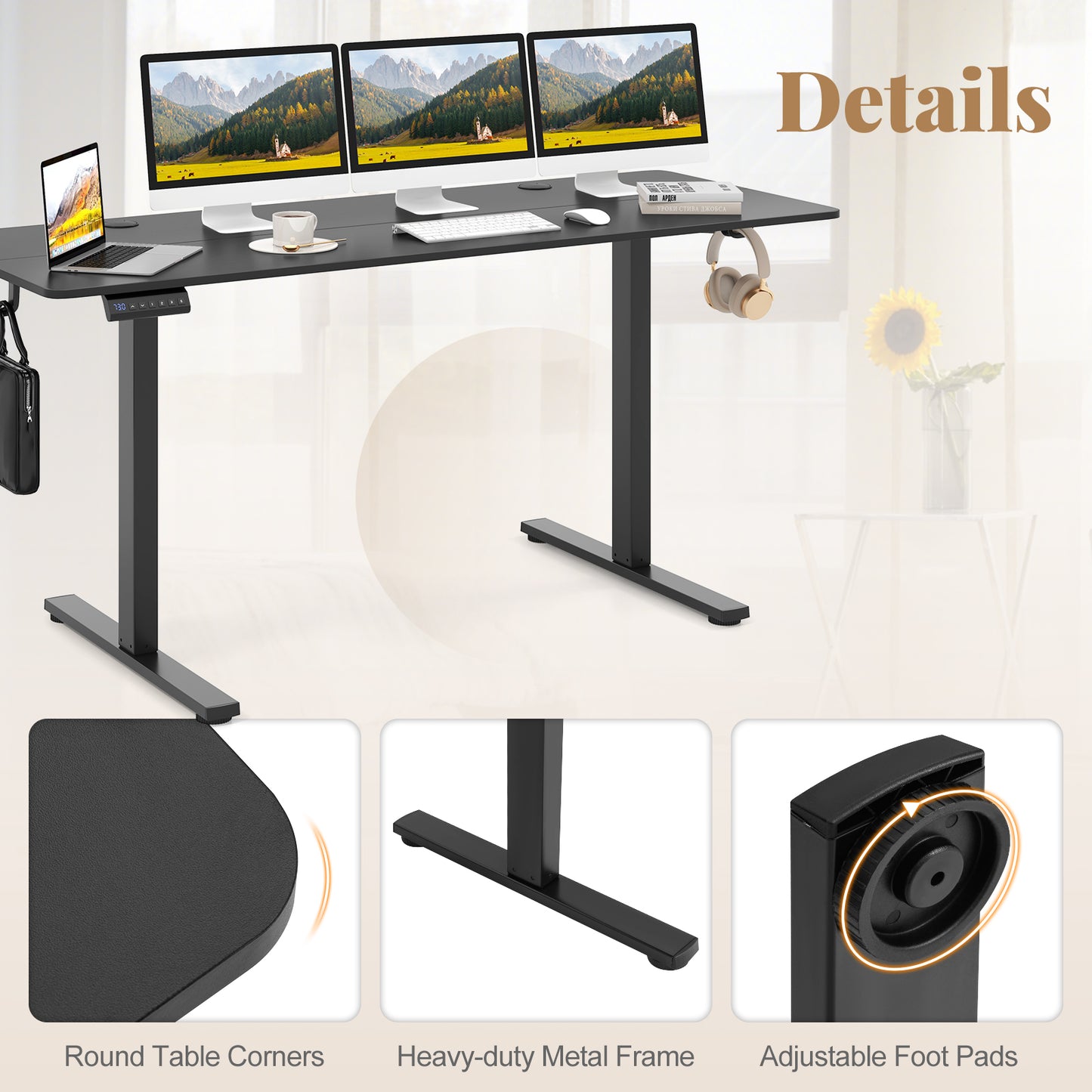 Electric Standing Desk, 3 Memory Heights, 2 Hanging Hooks, Cable Holes, Black Standing Desks at Gallery Canada
