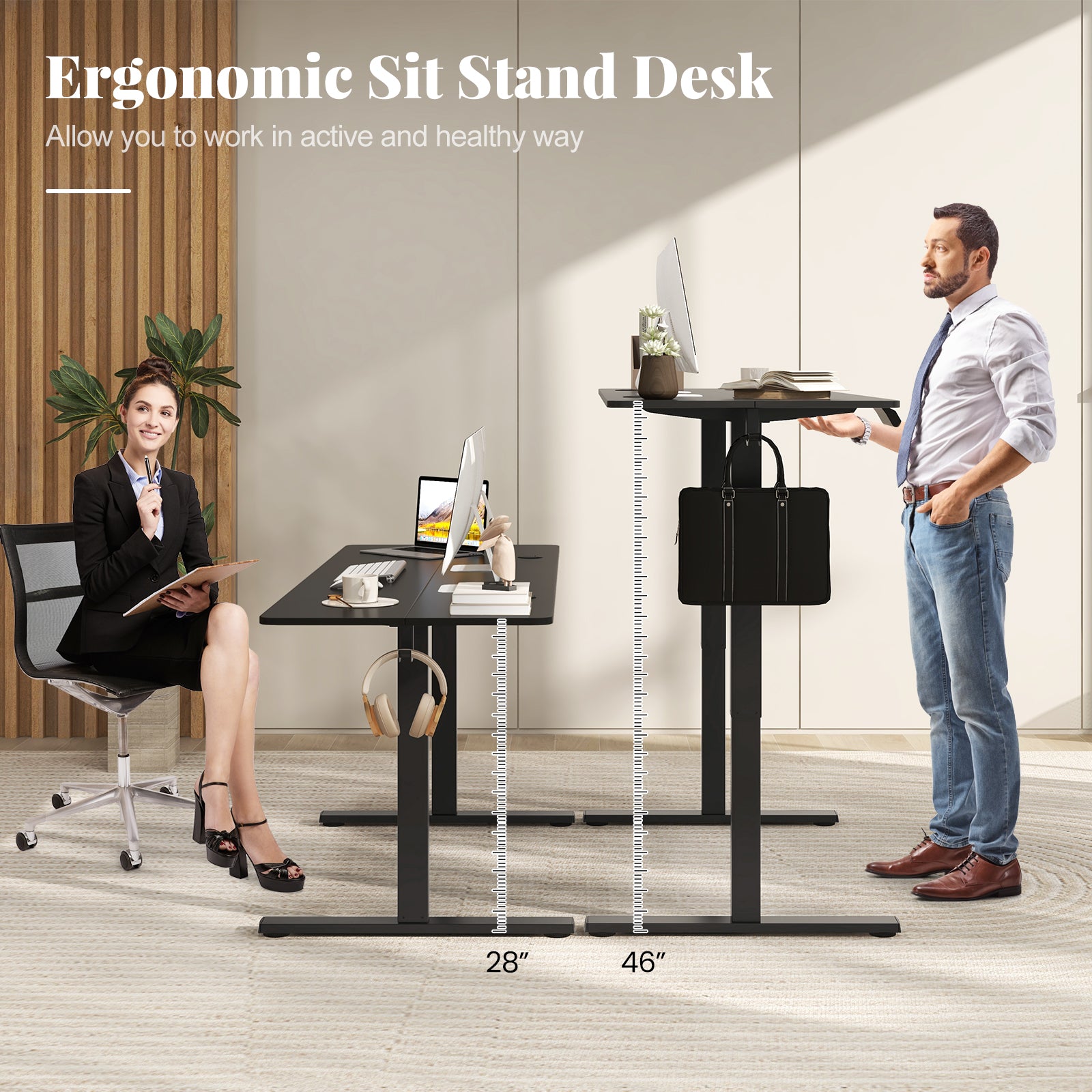 Electric Standing Desk, 3 Memory Heights, 2 Hanging Hooks, Cable Holes, Black Standing Desks at Gallery Canada