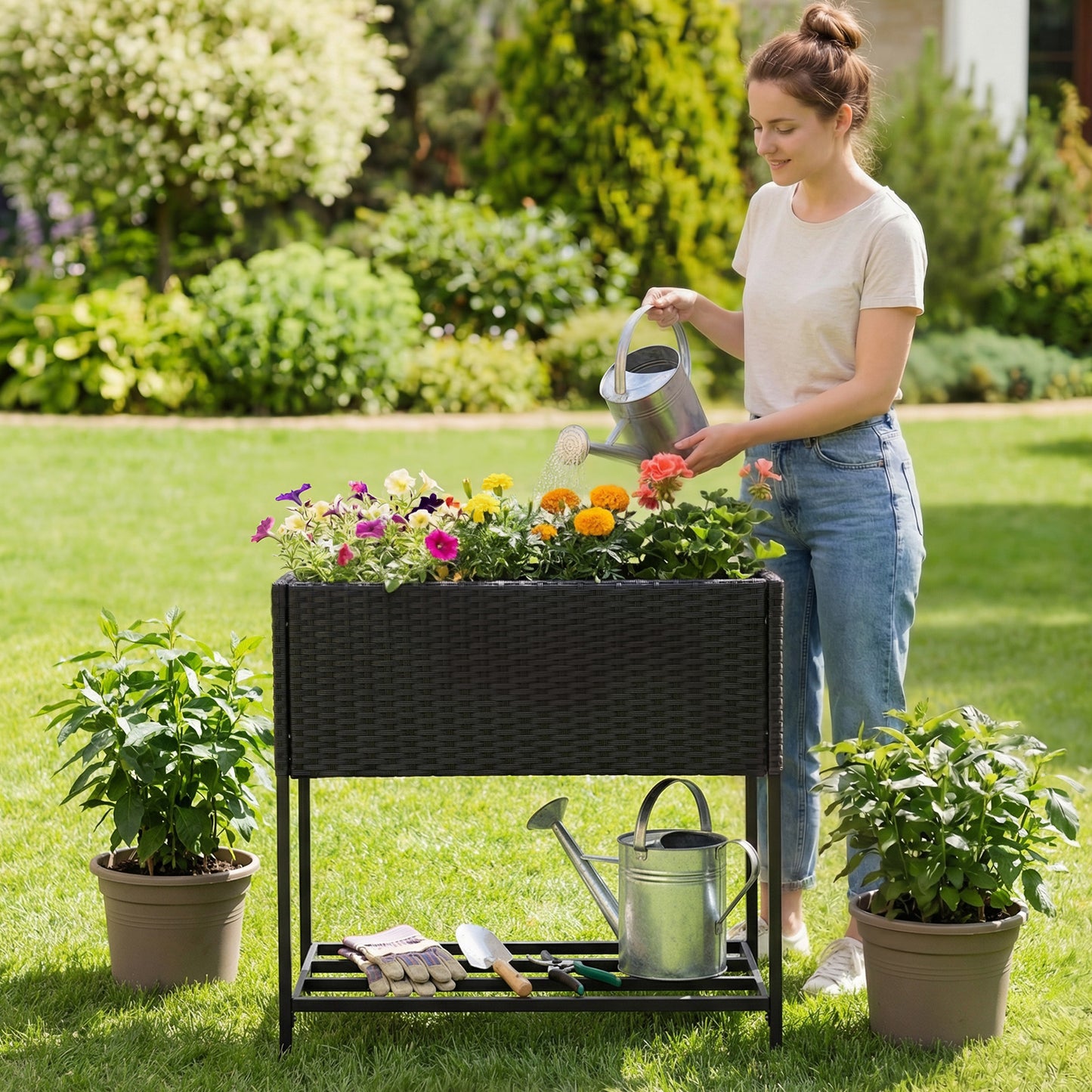 Elevated Garden Planter, Rattan Finish Bottom Shelf Raised Garden Beds at Gallery Canada