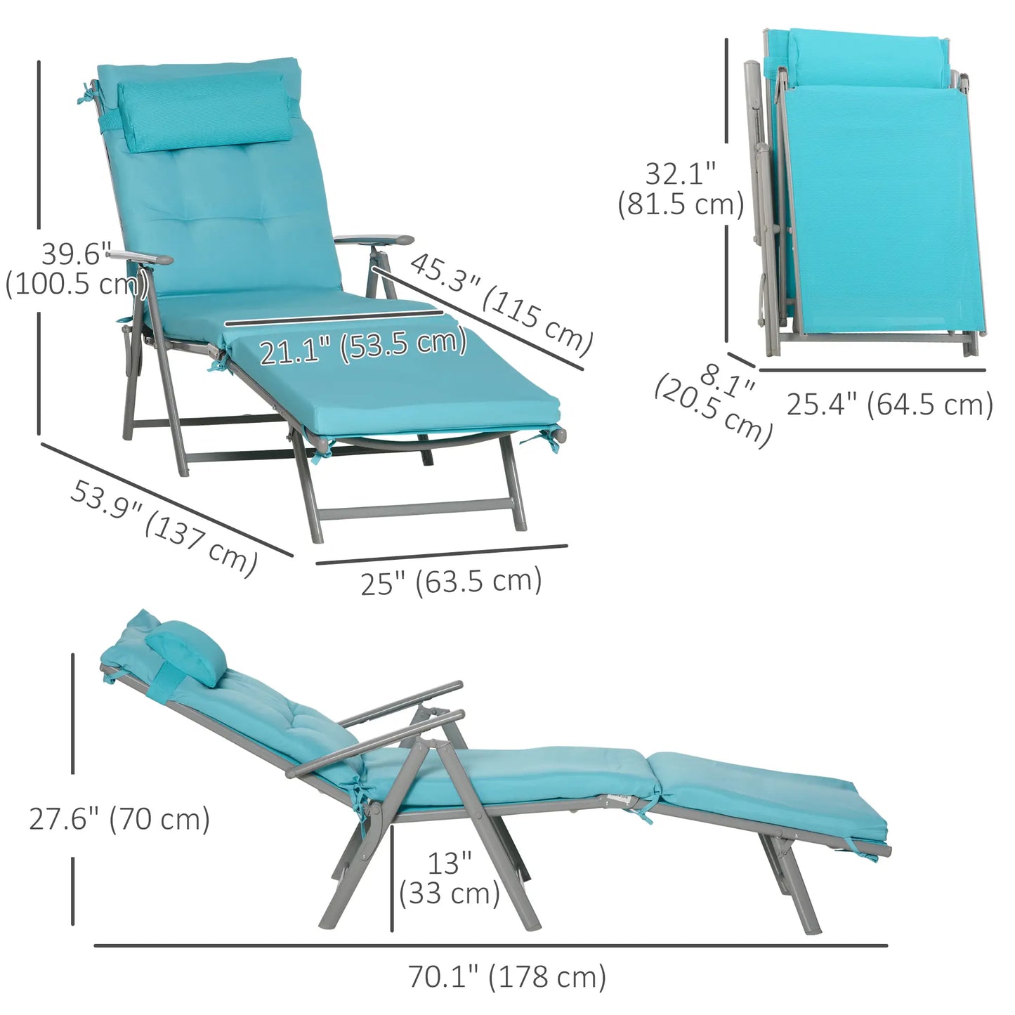 Outdoor Folding Chaise Lounge, Adjustable Backrest, Cushion, Headrest, Blue Lounger Chairs at Gallery Canada