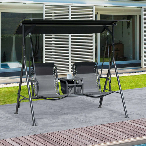 2 Person Porch Swing with Storage Table, Cup Holder, Canopy, Black