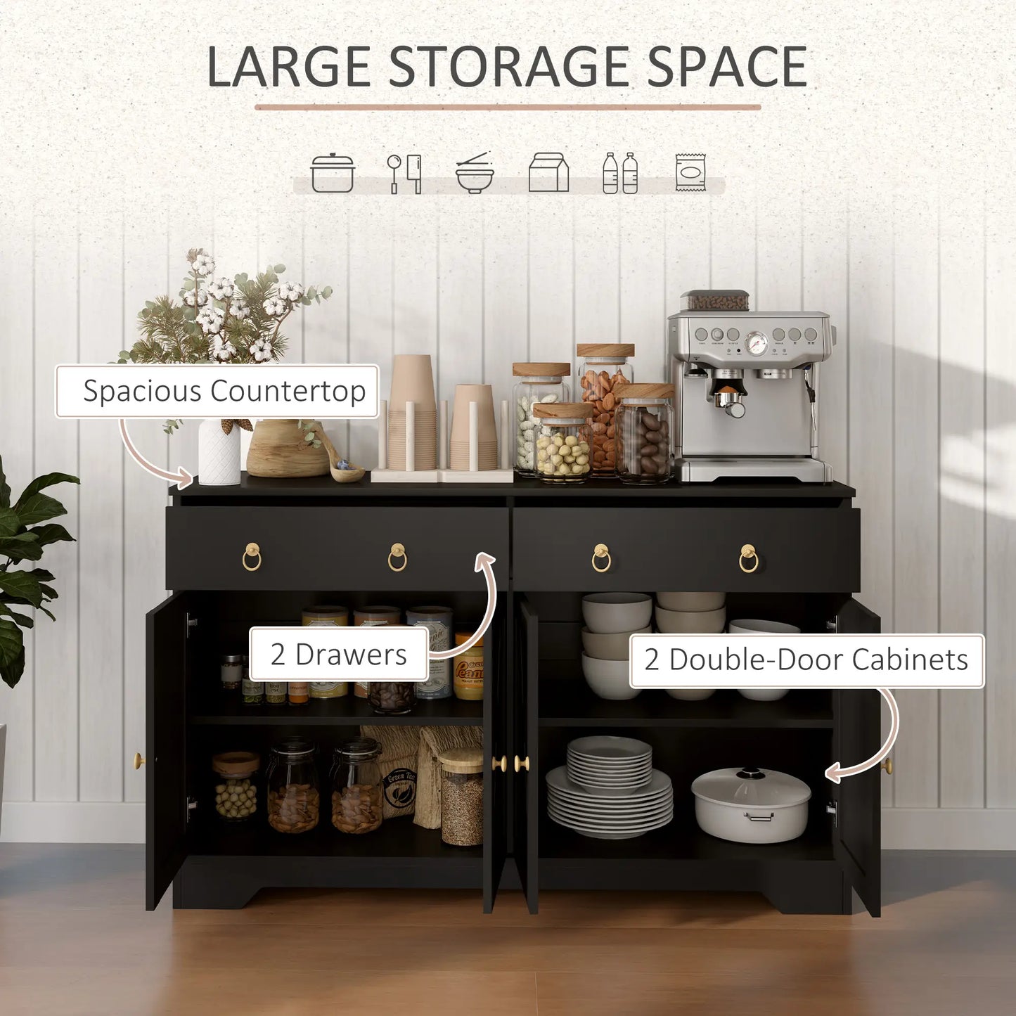 Sideboard Cabinet, 2 Drawers, 4 Barn Doors, 2 Adjustable Shelves, Black Bar Cabinets at Gallery Canada