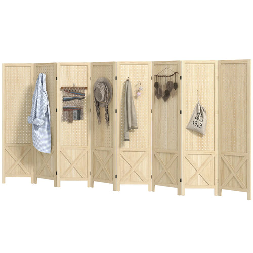 Wooden Room Divider With Pegboard Display, 8 Panel Folding Privacy Screen, Natural Wood