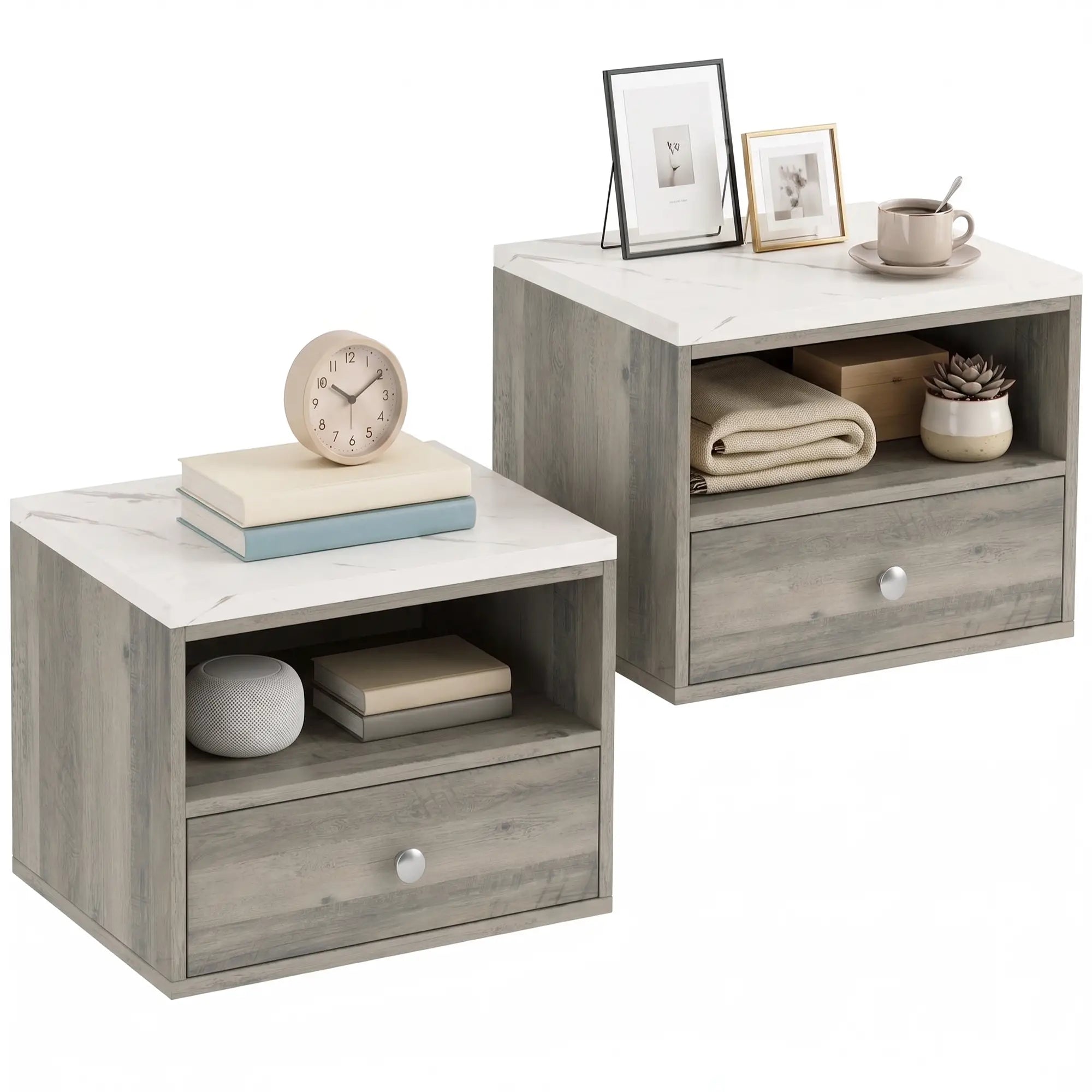 Floating Nightstands Set of 2, Drawer, Marble Top, Natural Bedside Tables at Gallery Canada