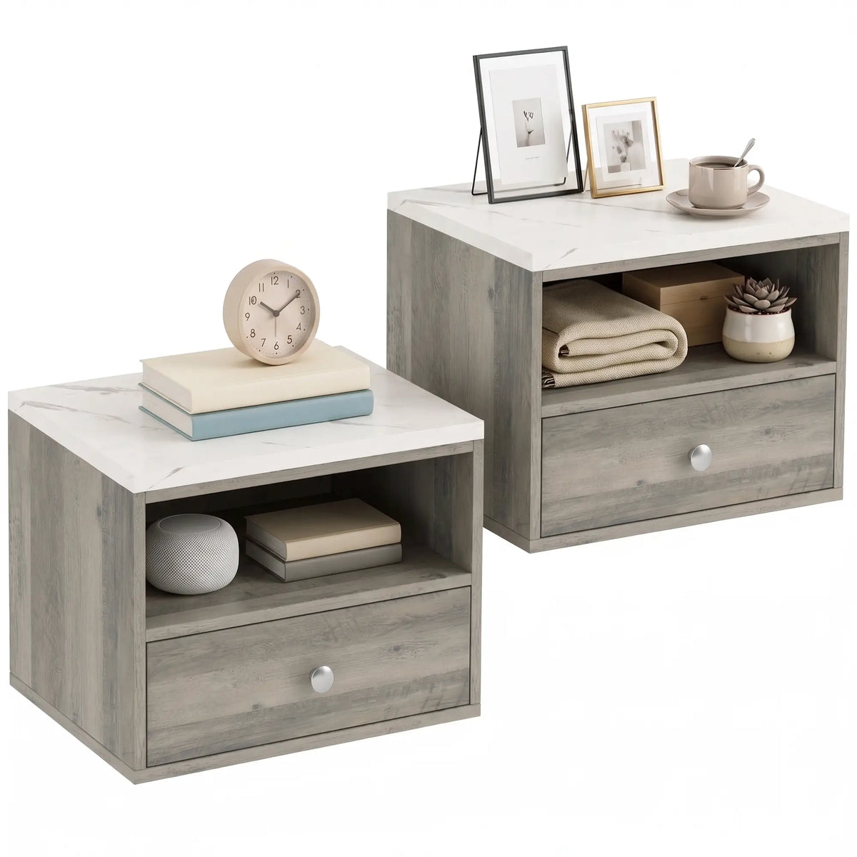 Floating Nightstands Set of 2, Drawer, Marble Top, Natural Bedside Tables at Gallery Canada