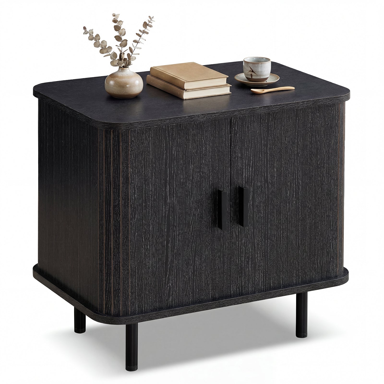 Modern Mid Century Nightstand, Sliding Tambour Doors, Storage Shelf, Black Nightstands at Gallery Canada