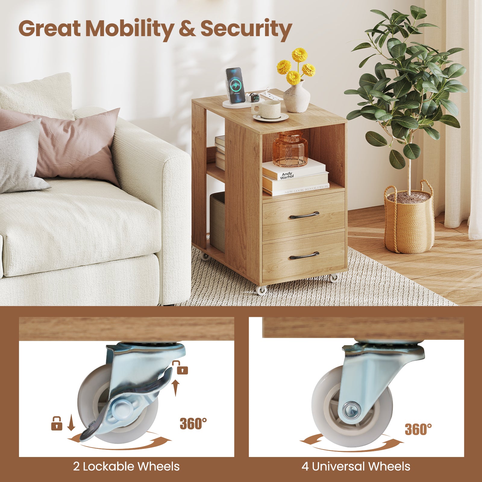 End Table with Built-in Charging Station Sofa Side Bedside Table on Wheels, Natural End & Side Tables at Gallery Canada