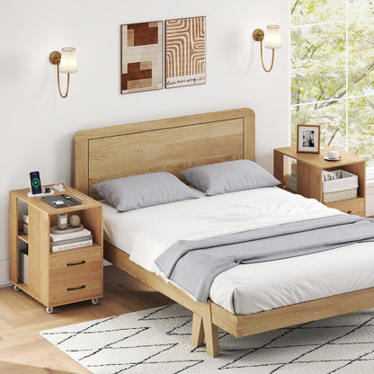 End Table with Built-in Charging Station Sofa Side Bedside Table on Wheels, Natural End & Side Tables at Gallery Canada