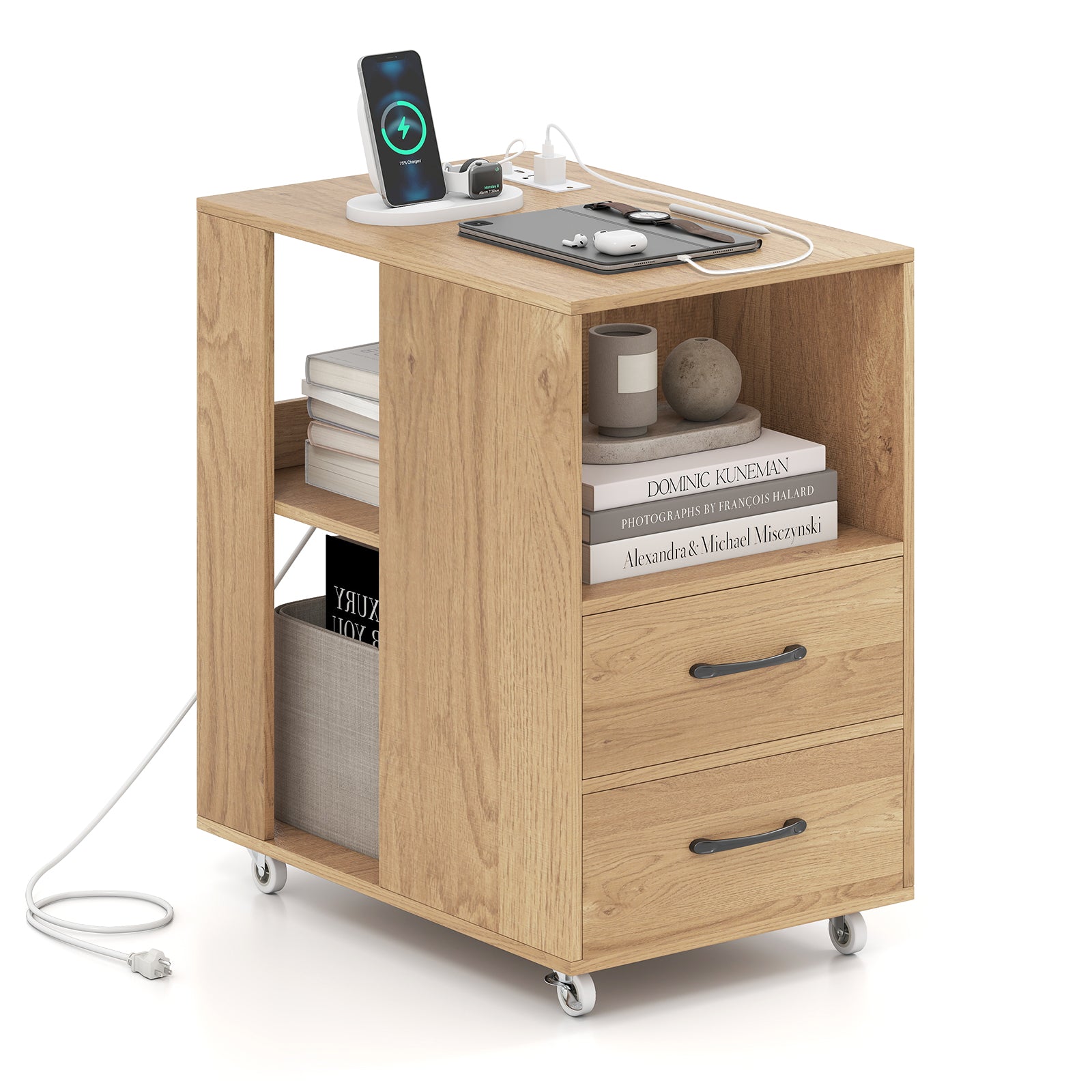End Table with Built-in Charging Station Sofa Side Bedside Table on Wheels, Natural End & Side Tables at Gallery Canada
