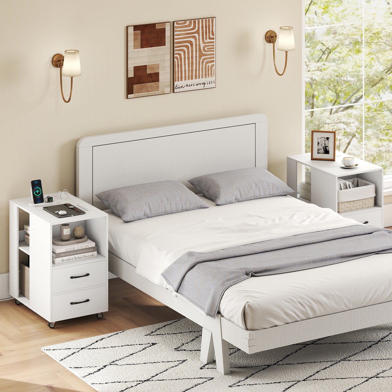 End Table with Built-in Charging Station Sofa Side Bedside Table on Wheels, White End & Side Tables at Gallery Canada