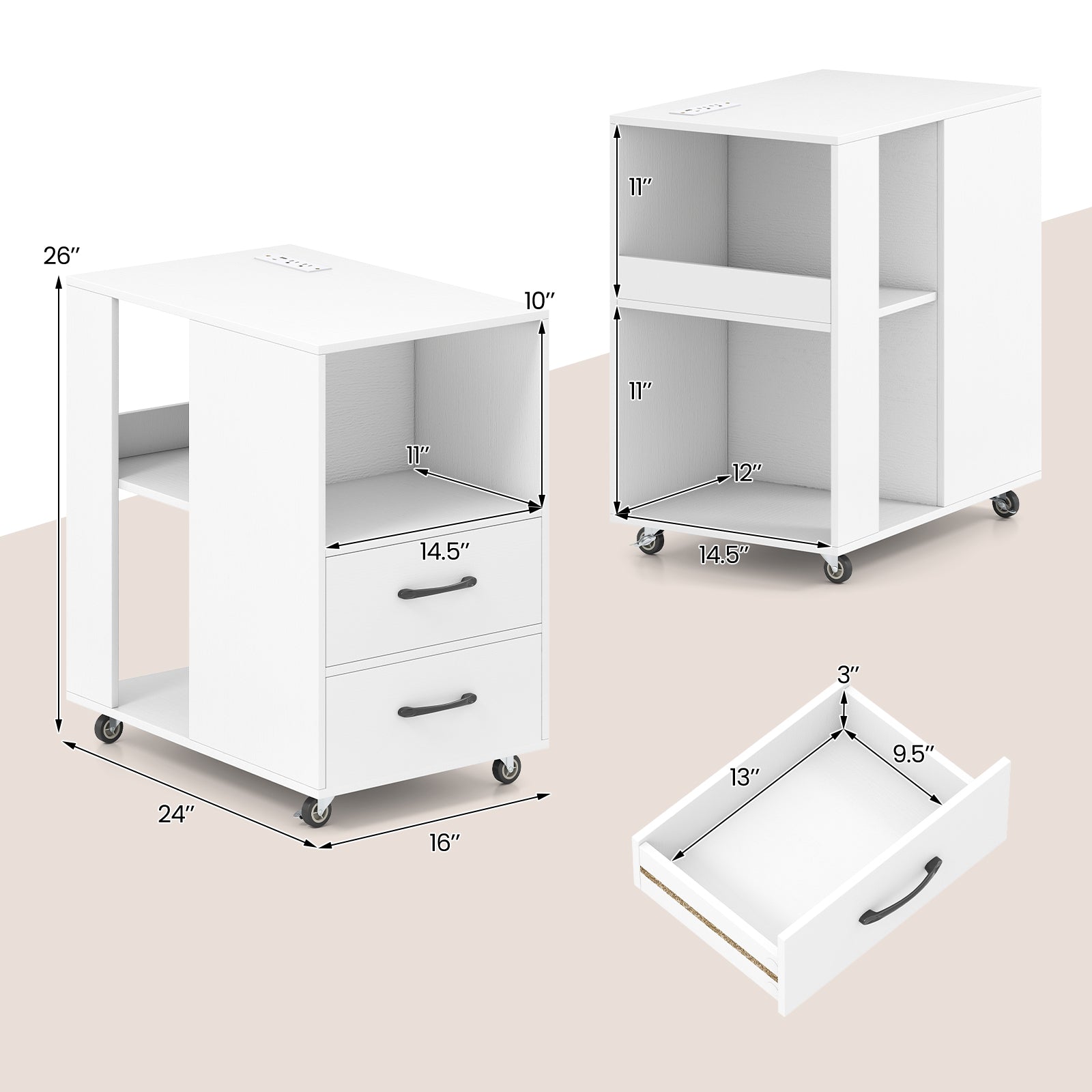 End Table with Built-in Charging Station Sofa Side Bedside Table on Wheels, White End & Side Tables at Gallery Canada