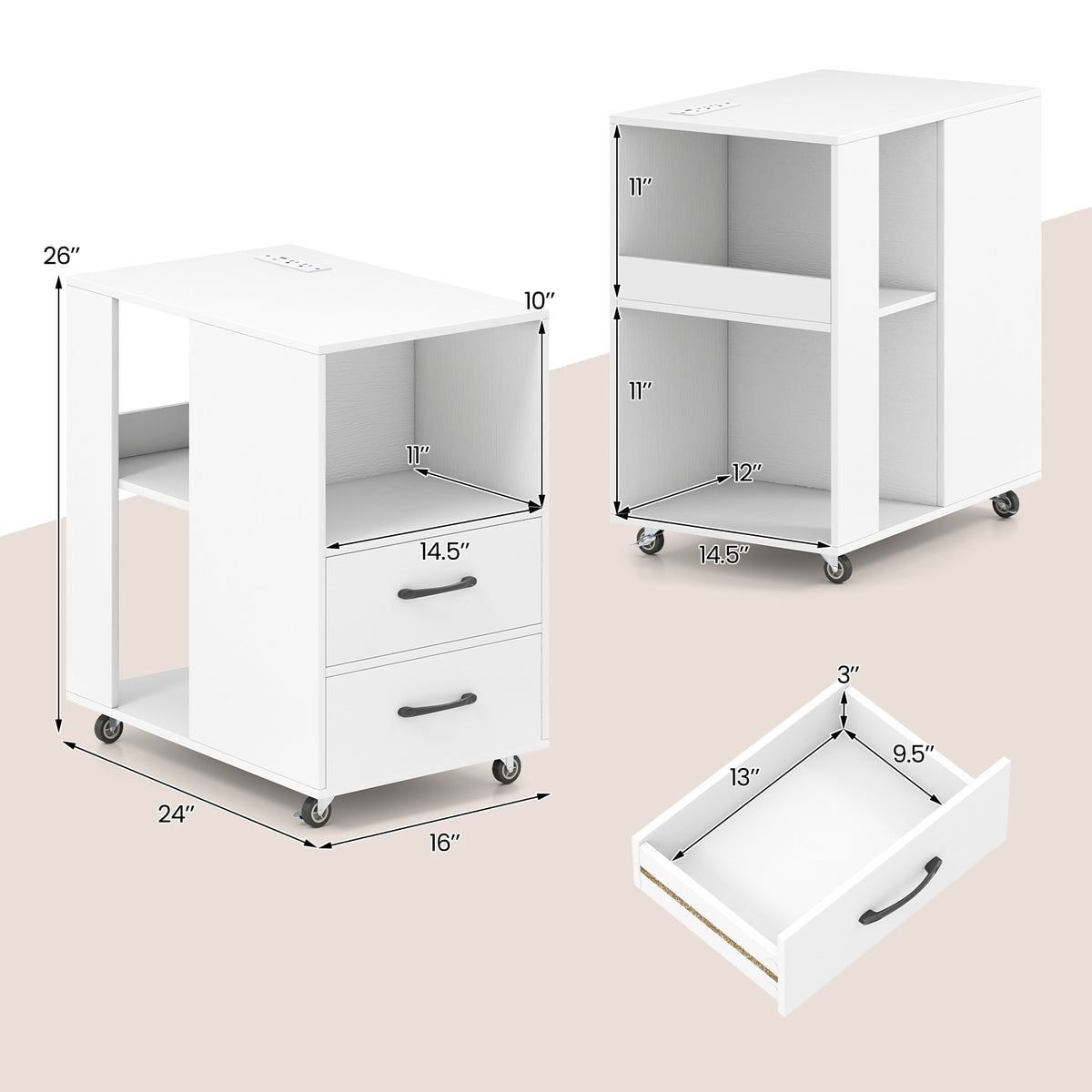 End Table with Built-in Charging Station Sofa Side Bedside Table on Wheels, White End & Side Tables at Gallery Canada