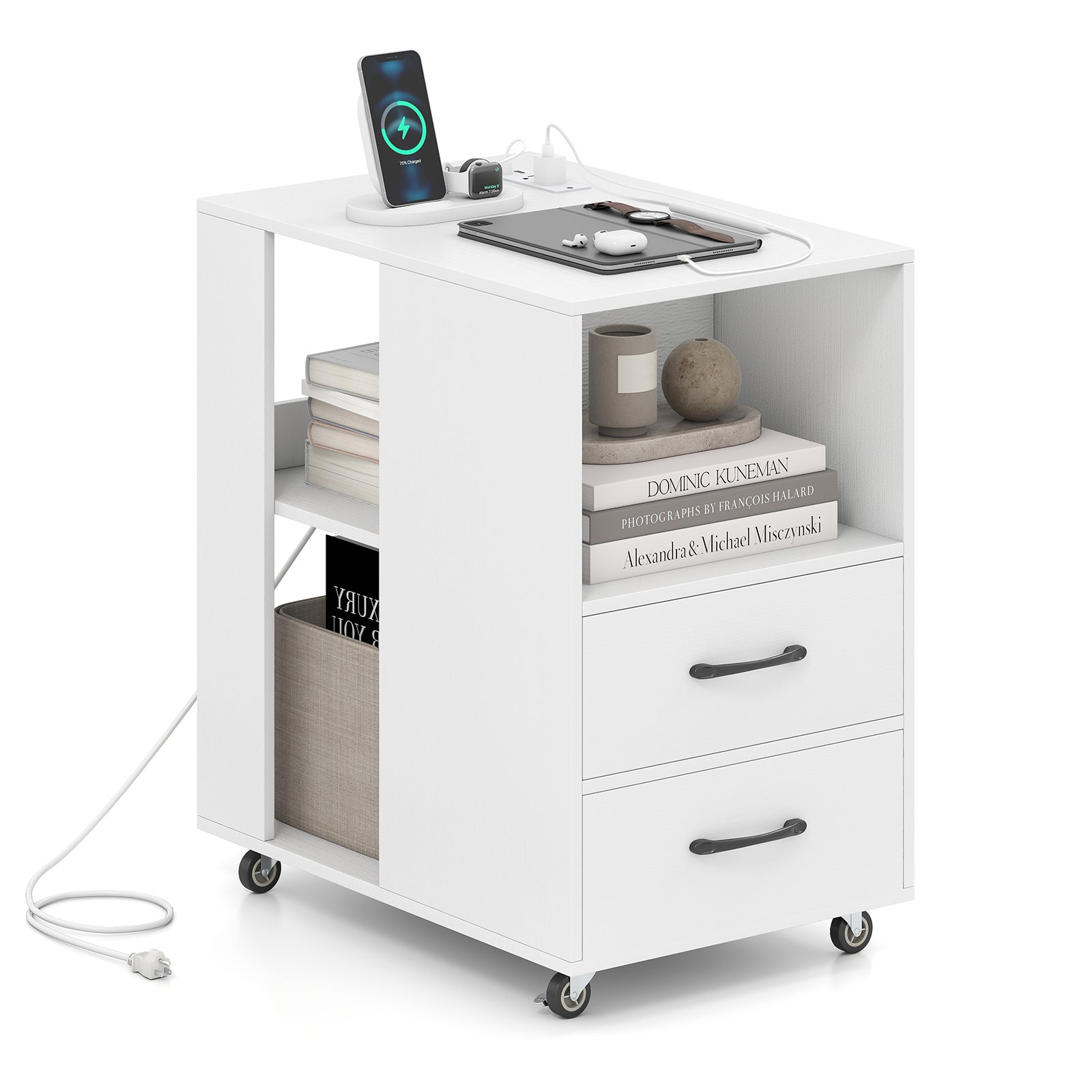 End Table with Built-in Charging Station Sofa Side Bedside Table on Wheels, White End & Side Tables at Gallery Canada