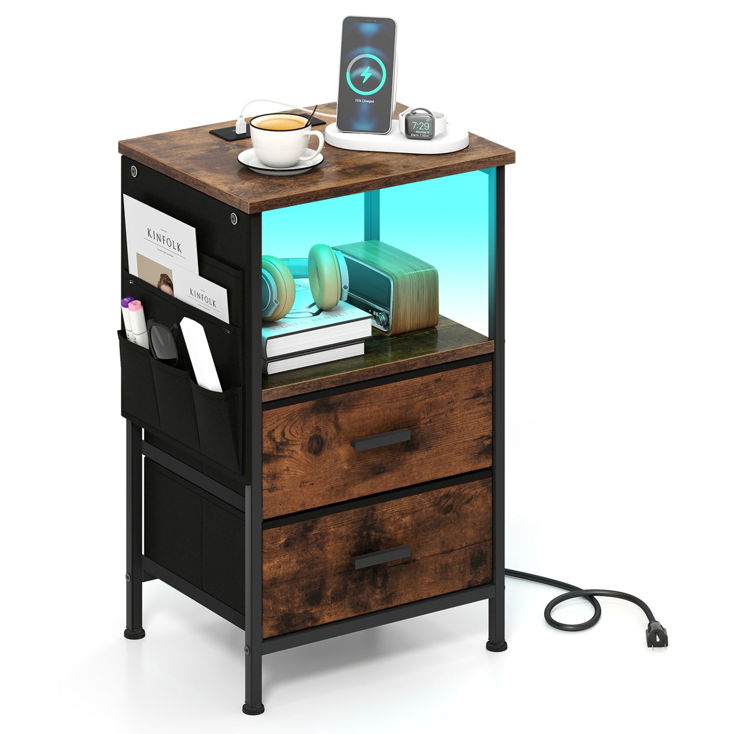 Charging Station End Table, 1 Nightstand With 2 Folding Fabric Drawers Nightstands at Gallery Canada