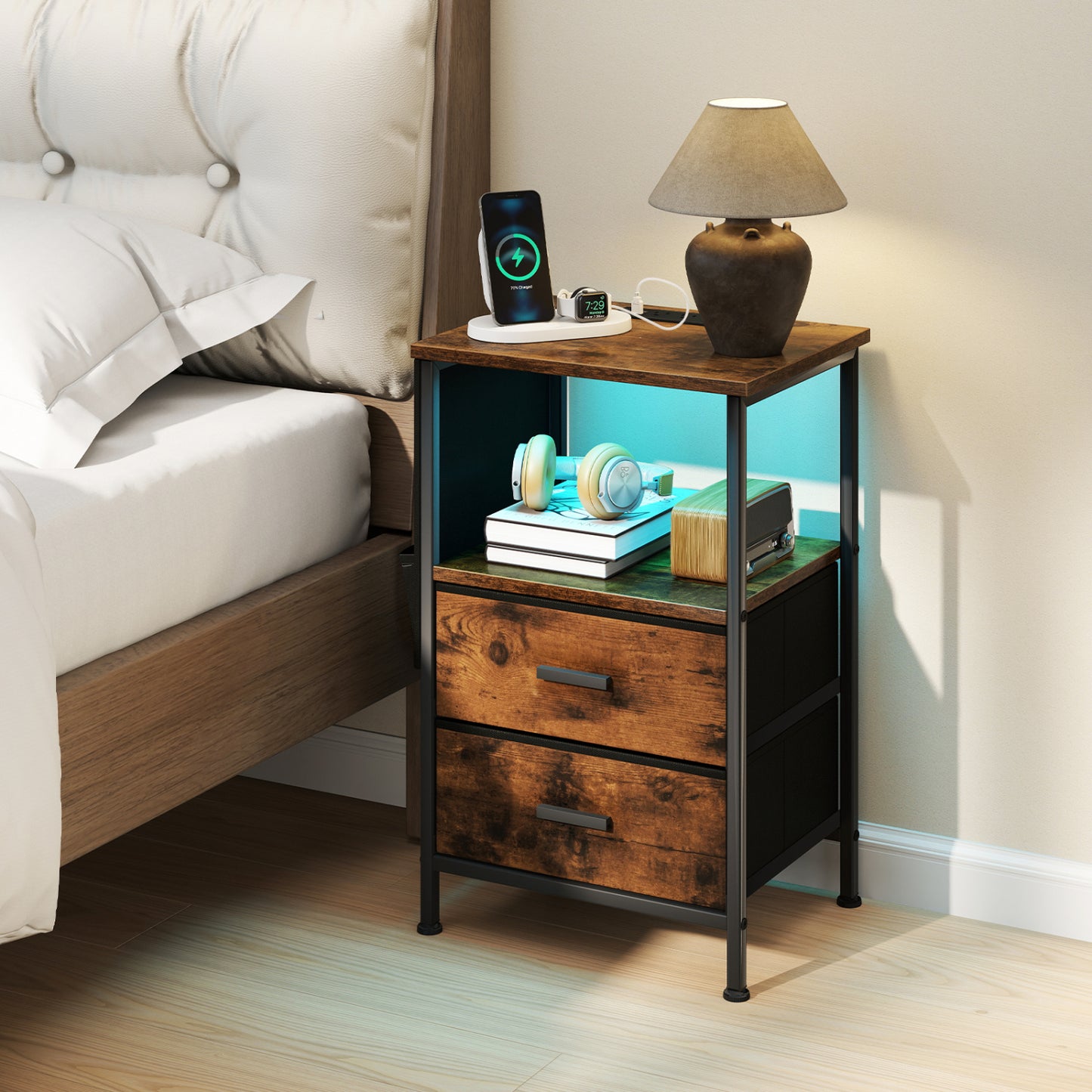 Charging Station End Table, 1 Nightstand With 2 Folding Fabric Drawers Nightstands at Gallery Canada