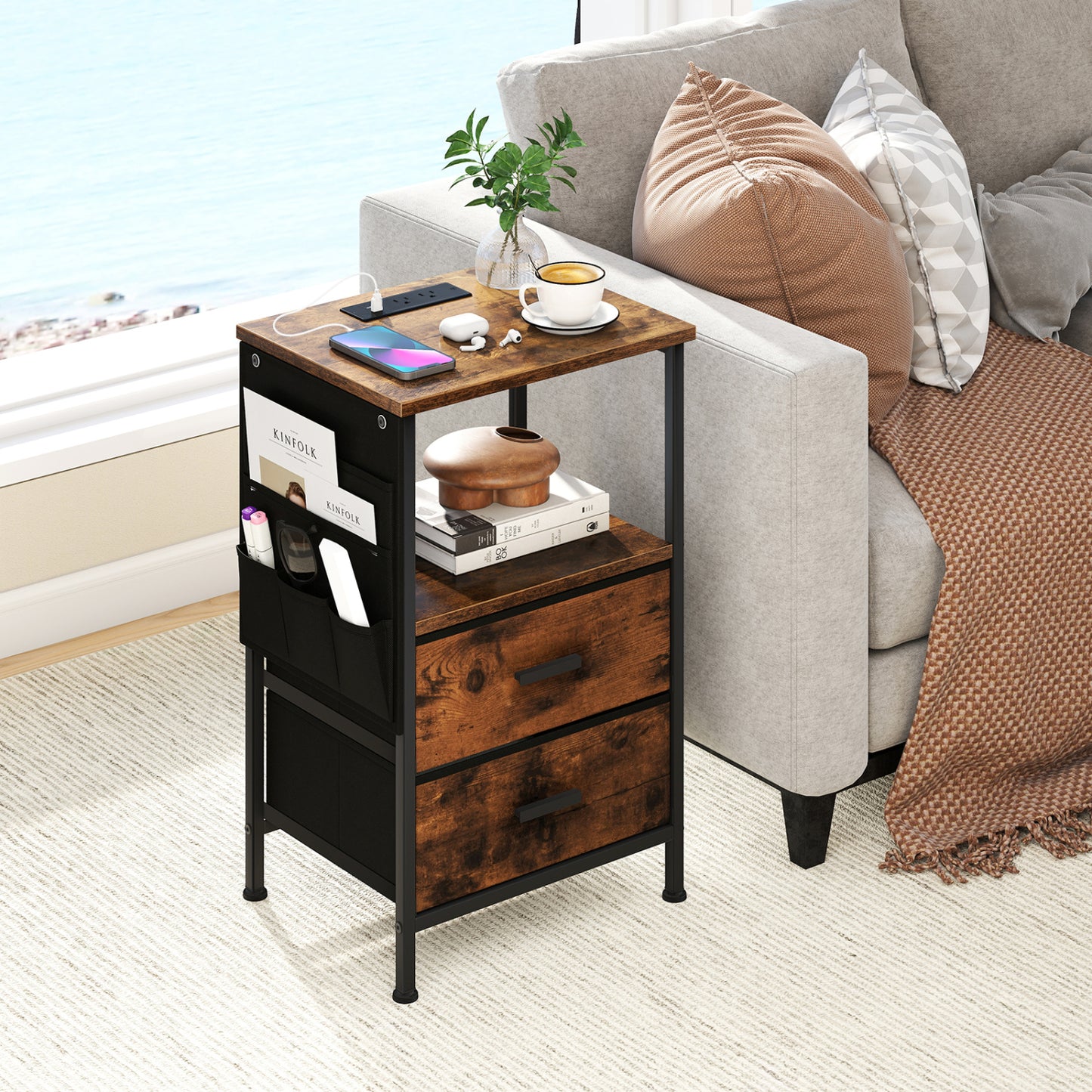 Charging Station End Table, 1 Nightstand With 2 Folding Fabric Drawers Nightstands at Gallery Canada