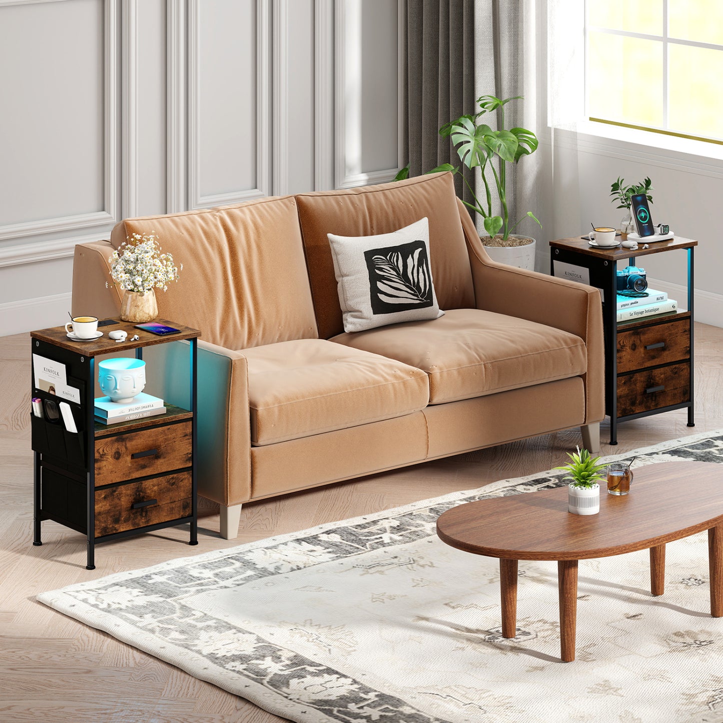 Charging Station End Table, 1 Nightstand With 2 Folding Fabric Drawers Nightstands at Gallery Canada